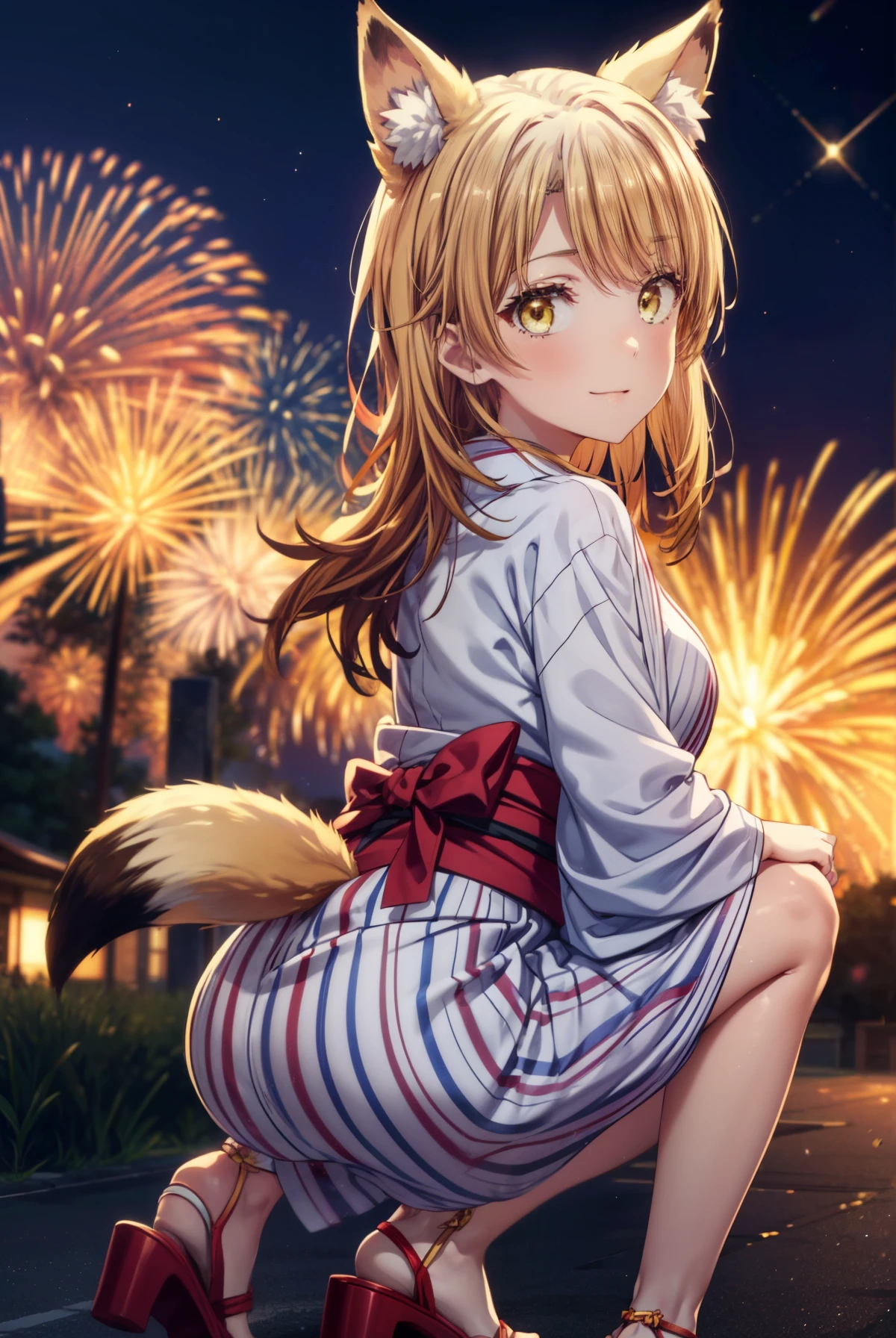 irohaisshiki, Isshiki Iroha, long hair, brown hair, (brown eyes:1.5), smile,animal ears　fox ears from the top of the head,animal tail　Fox tail from the ass,flower hair ornament,Yukata with yellow floral pattern,long skirt,Zori sandals,firework in the night sky,firework,The place is a firework display,Time is night,sunny day,Make sure the whole body is included in the illustration,
break outdoors, destroy the shrine (masterpiece:1.2), highest quality, High resolution, unity 8k wallpaper, (shape:0.8), (beautiful and detailed eyes:1.6), highly detailed face, perfect lighting, Very detailed CG, (perfect hands, perfect anatomy),