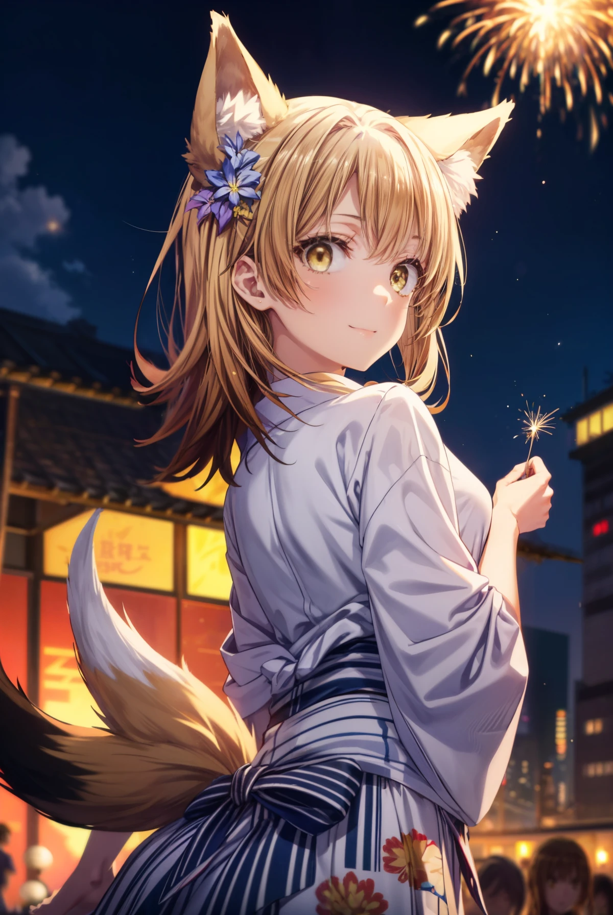 irohaisshiki, Isshiki Iroha, long hair, brown hair, (brown eyes:1.5), smile,animal ears　fox ears from the top of the head,animal tail　Fox tail from the ass,flower hair ornament,Yukata with yellow floral pattern,long skirt,Zori sandals,firework in the night sky,firework,The place is a firework display,Time is night,sunny day,Make sure the whole body is included in the illustration,
break outdoors, destroy the shrine (masterpiece:1.2), highest quality, High resolution, unity 8k wallpaper, (shape:0.8), (beautiful and detailed eyes:1.6), highly detailed face, perfect lighting, Very detailed CG, (perfect hands, perfect anatomy),