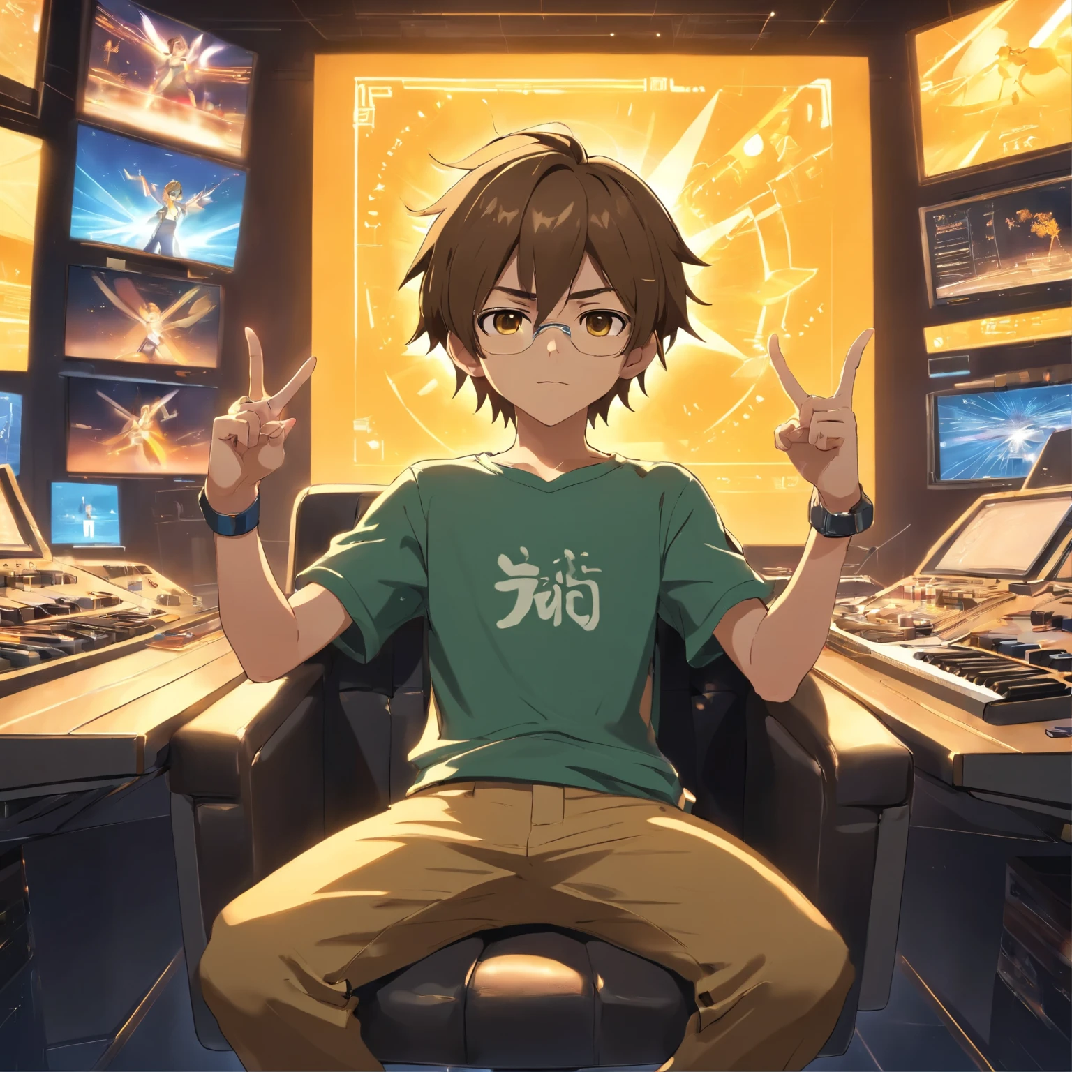 generate an image where a 12 years old cute boy with stylish long hair sitting on a gaming sofa chair attitude pose, wearing suit and a golden stylish sunglases, in big font "MARFIN" name type in the background wall in capital letters, infront of a trading computer setup, a  gaming table here with multi screen, trading chart in the screen showing, background golden shine glowing theme, with a guiter, anime pic 3d realistic picture. showing his right hands one finger up side. 