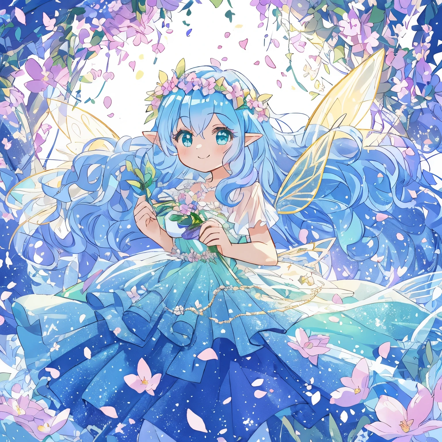 beautiful fairy girl in tiered colorful gradient ballgown dress, gradient sparkling fairy dress, ((Skirt layered with multi-colored petals)), fairy dress, fairy queen, magical forest background, (shining fairy wings), sparkling flowing ball gown, ((giant shining fairy wings)), flowers and colorful plants, flower garden,There&#39;s a glowing aura around her, beautiful, masterpiece, highest quality、gradient hair, light blue hair, floating hair, wavy hair, very long hair, hair ribbon, head wreath, aqua eye, long eyelashes, pointy ears, light smile, bright eyes