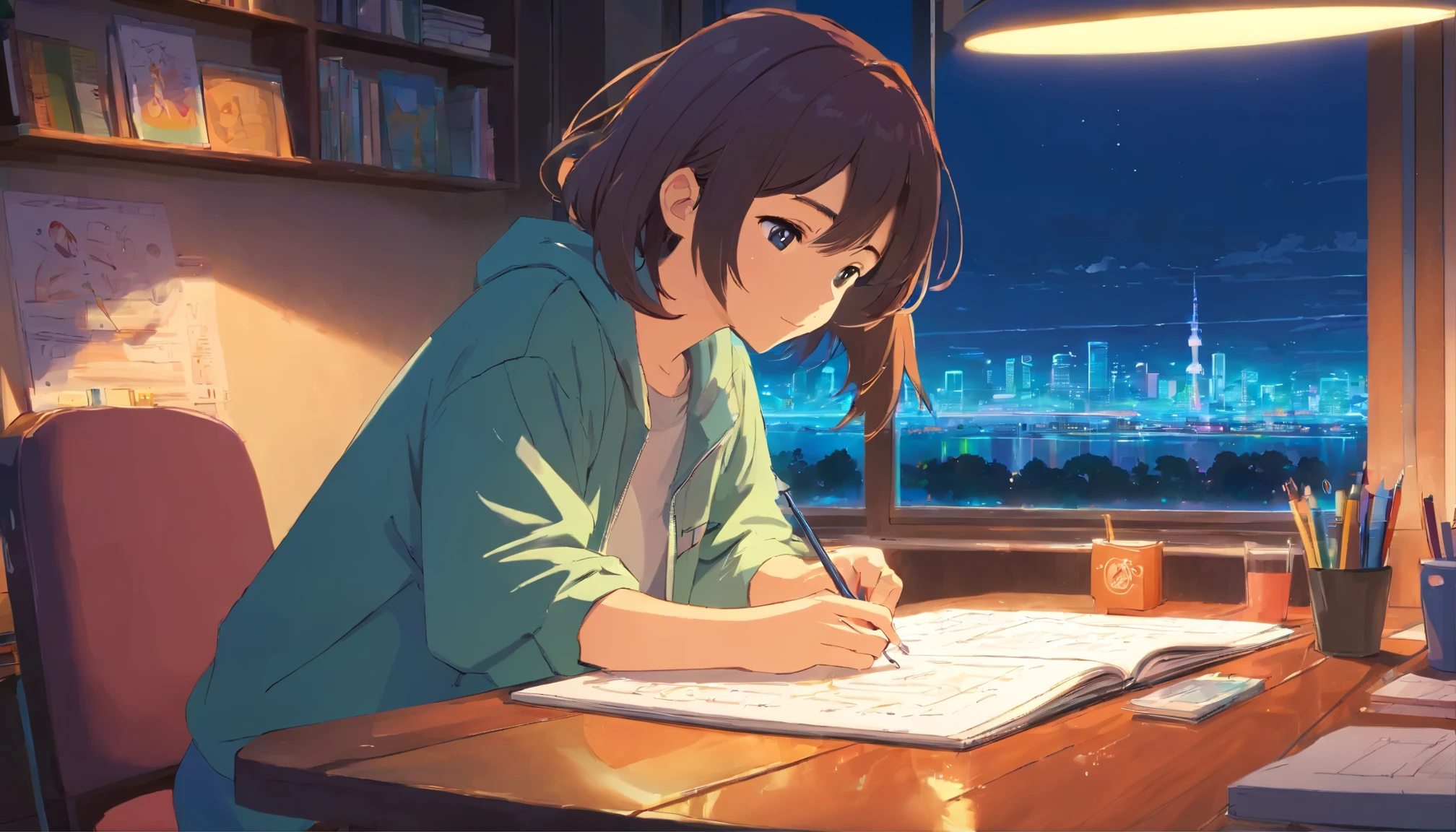 (praise), girl studying at the table, reading a book, headphones , night light, Neon landscape on a rainy day,analog color theme, lo-fi hip hop , retrospective exhibition, flat, 2.5D ,line drawing, ink painting, Large slope, watercolor painting, goose color, So colorful, outcome, synthwave, praise art,90s style,old texture, amplitude,90&#39;s vibe, table top, huge skill,holding a pen only in the right hand,Deeply immersed in her research,