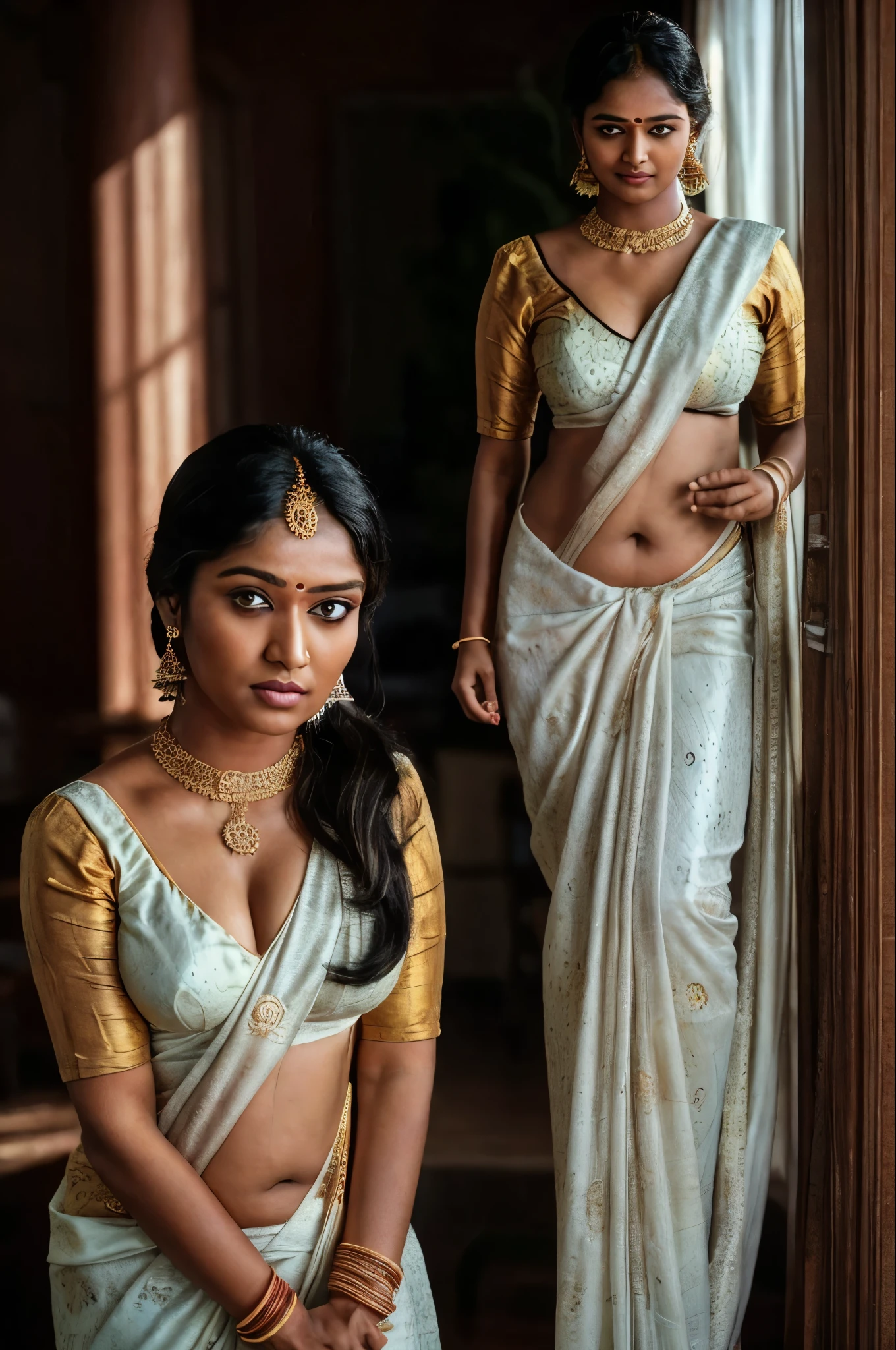 indian Tamil woman, saree((no nudity)), 8k uhd, digital SLR camera, soft light, high quality, film grain,high detail,UHD, masterpiece, accurate, anatomically correct, super detail, high quality, 16k, highres, award winning, ((full body shot)),soft light rays, realistic skin texture, extreme skin details, insane details, intricate details, amazing fine detail, photorealistic, photograph, realistic, realism, photorealism, film grains, lifelike texture, dynamic composition, contrast lighting, sharp focus, raw photo, photon metering, analog photo style, photography with Hasselblad camera, f5.6 lens 500mm, Kodak Portra 400 4x 5, anatomically correct, visible navel