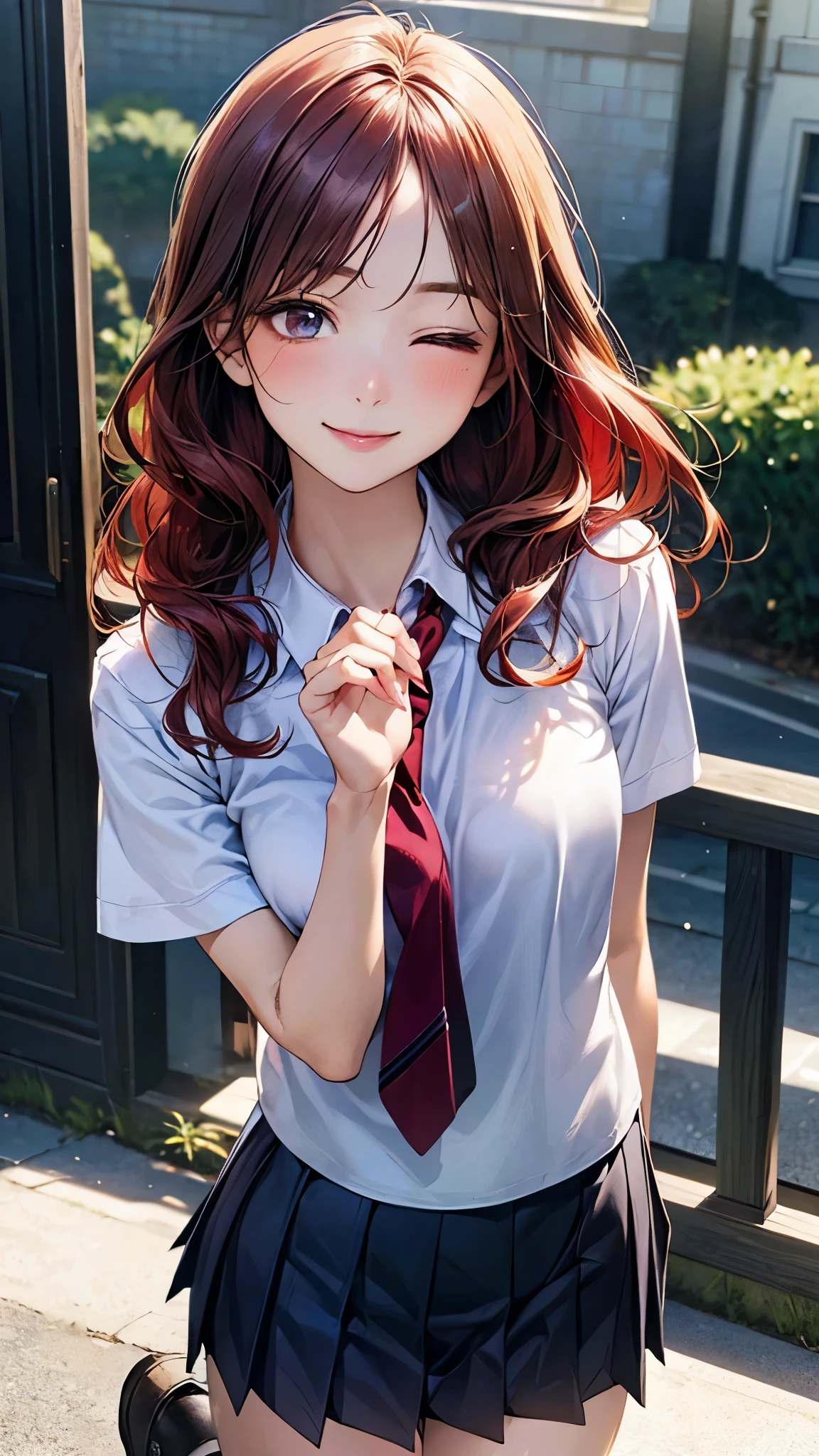 (masterpiece:1.2, top-quality), (realistic, photorealistic:1.4), beautiful illustration, (natural side lighting, movie lighting), nsfw, 
looking at viewer, face focus, upper body, 1 girl, japanese, high school girl, perfect face, cute and symmetrical face, shiny skin, 
(middle hair:0.8, wavy hair:1.2, red hair), swept bangs, red eyes, long eye lasher, (mideum breasts), slender, 
beautiful hair, beautiful face, beautiful detailed eyes, beautiful clavicle, beautiful body, beautiful chest, beautiful thigh, beautiful legs, beautiful fingers, 
((detailed cloth texture, short sleeves white collared shirts, navy pleated mini skirt), dark red tie), 
(beautiful scenery), evening, (outside school), walking, reaching, (happy smile, one eye closed),