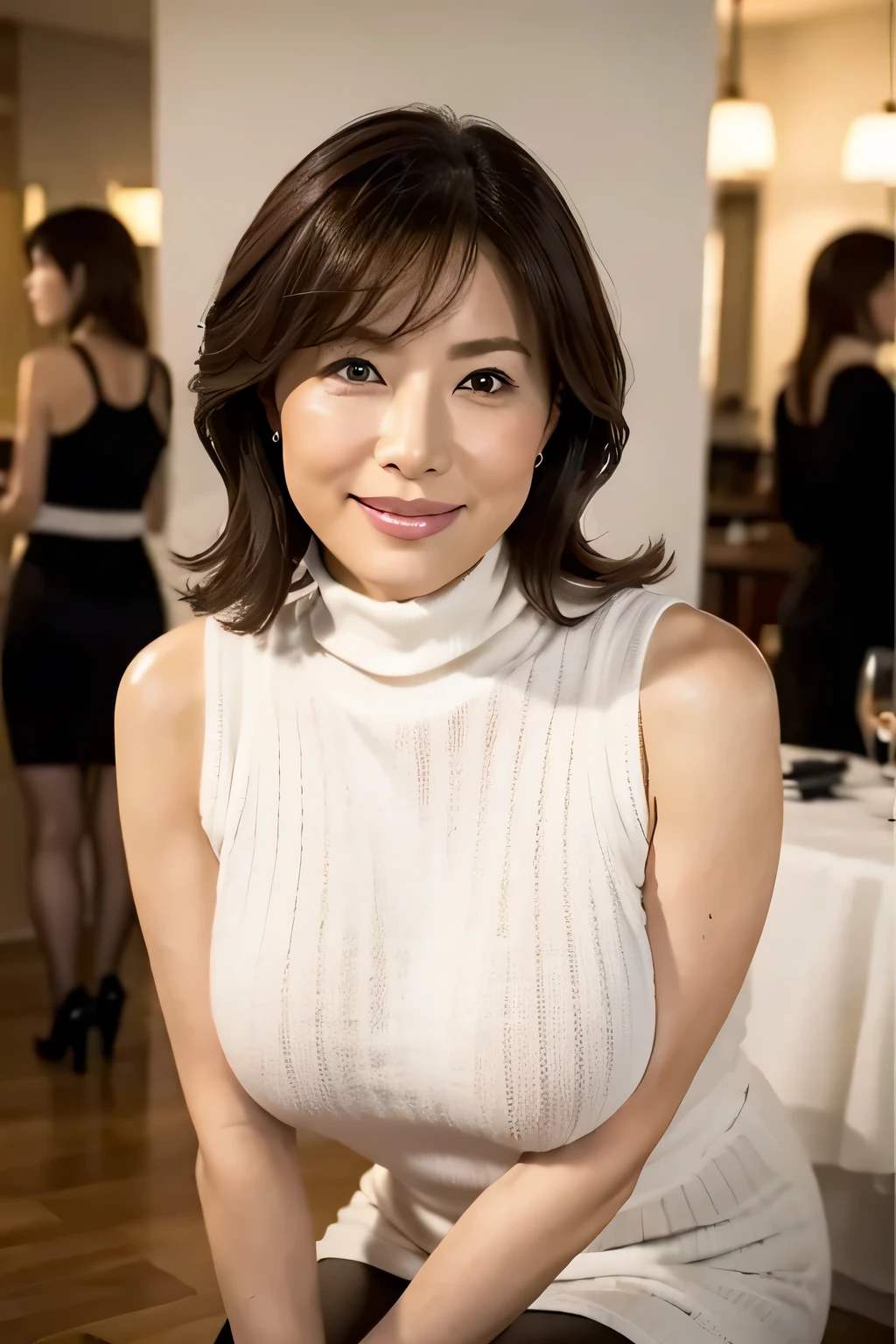 japanese mature, (alone), 50 years old, (wrinkles around the eyes:1.2), big breasts, mature woman, Glamour, sexy, pure white skin, looking at the viewer、super huge breasts、I&#39;A person wearing a sleeveless turtleneck knit、tight fit knit dress、Muchimuchi、black pantyhose、high heels、smile、Public place、crossed legs