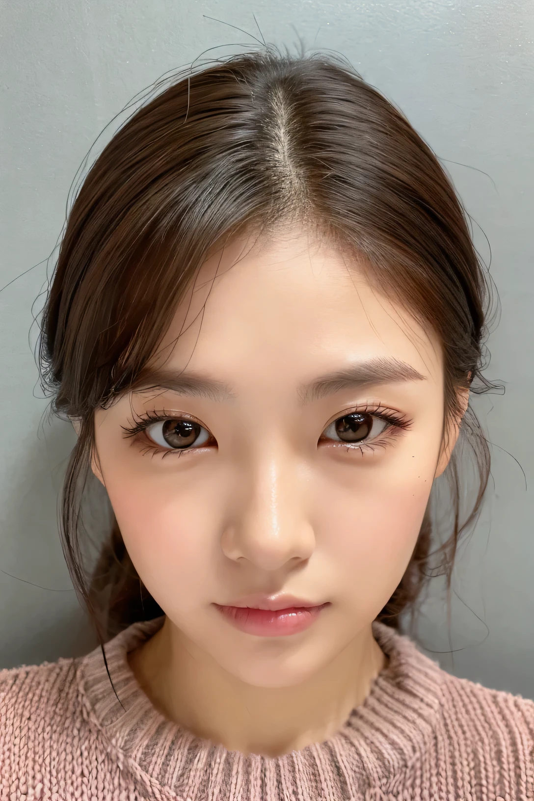 woman、super detailed face、double eyelid, medium hair、No bangs、clear eyes、knit sweater、Glossy skin, small head、whole body