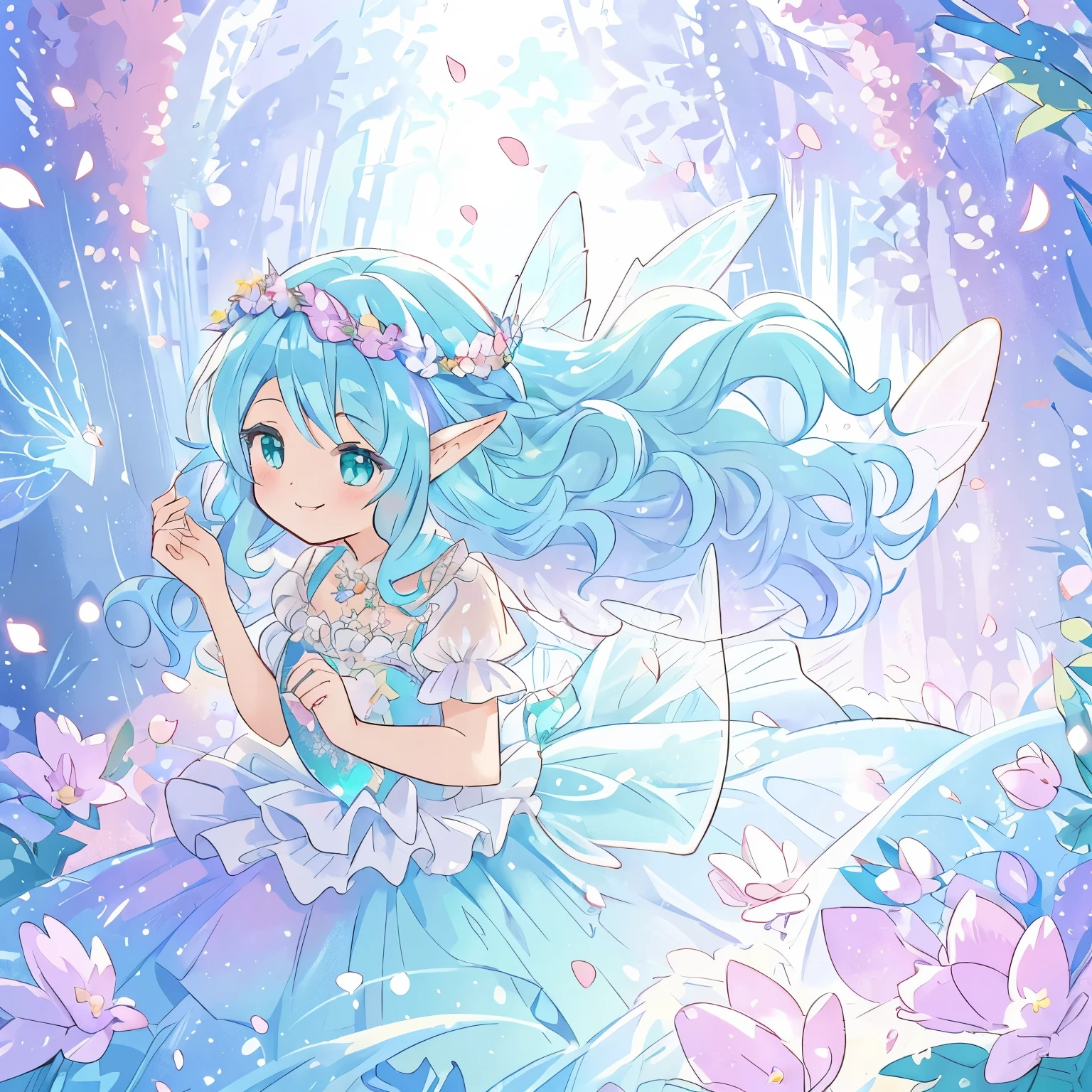 beautiful fairy girl in tiered colorful gradient ballgown dress, gradient sparkling fairy dress, ((Skirt layered with multi-colored petals)), fairy dress, fairy queen, magical forest background, (shining fairy wings), sparkling flowing ball gown, ((giant shining fairy wings)), flowers and colorful plants, flower garden,There&#39;s a glowing aura around her, beautiful, masterpiece, highest quality、gradient hair, light blue hair, floating hair, wavy hair, very long hair, hair ribbon, head wreath, aqua eye, long eyelashes, pointy ears, light smile, bright eyes