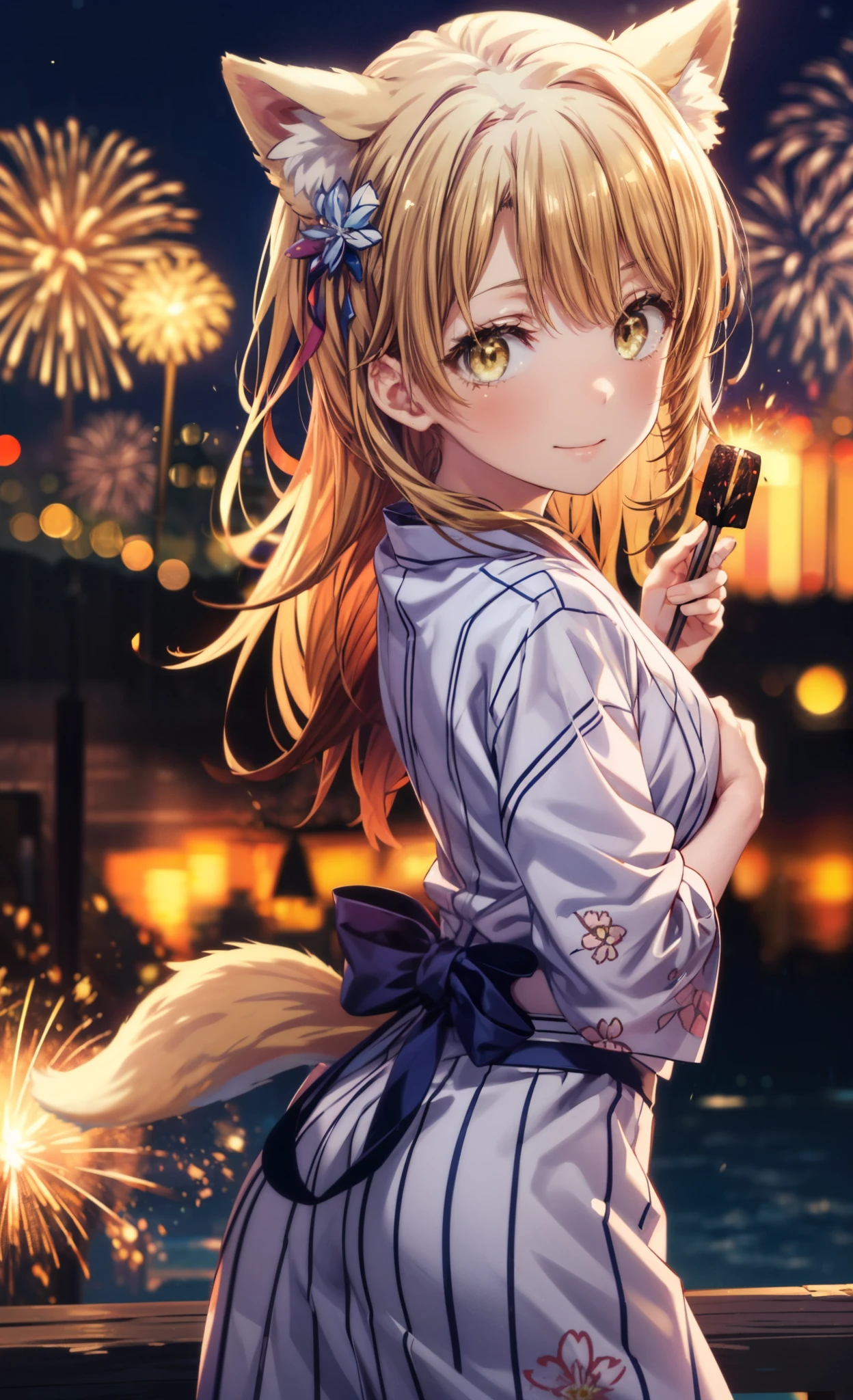 irohaisshiki, Isshiki Iroha, long hair, brown hair, (brown eyes:1.5), smile,animal ears　fox ears from the top of the head,animal tail　Fox tail from the ass,flower hair ornament,Yukata with yellow floral pattern,long skirt,Zori sandals,firework in the night sky,firework,The place is a firework display,Time is night,sunny day,Make sure the whole body is included in the illustration,
break outdoors, destroy the shrine (masterpiece:1.2), highest quality, High resolution, unity 8k wallpaper, (shape:0.8), (beautiful and detailed eyes:1.6), highly detailed face, perfect lighting, Very detailed CG, (perfect hands, perfect anatomy),