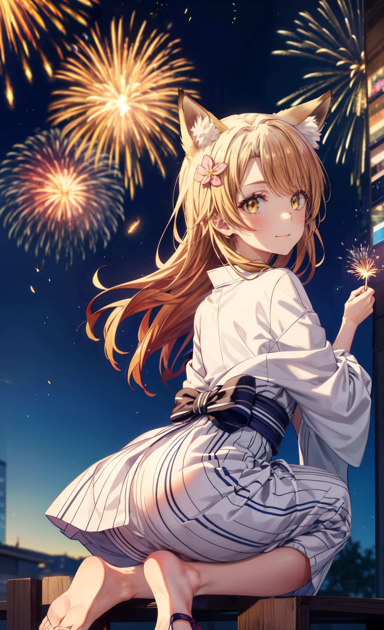 irohaisshiki, Isshiki Iroha, long hair, brown hair, (brown eyes:1.5), smile,animal ears　fox ears from the top of the head,animal tail　Fox tail from the ass,flower hair ornament,Yukata with yellow floral pattern,long skirt,Zori sandals,firework in the night sky,firework,The place is a firework display,Time is night,sunny day,Make sure the whole body is included in the illustration,
break outdoors, destroy the shrine (masterpiece:1.2), highest quality, High resolution, unity 8k wallpaper, (shape:0.8), (beautiful and detailed eyes:1.6), highly detailed face, perfect lighting, Very detailed CG, (perfect hands, perfect anatomy),