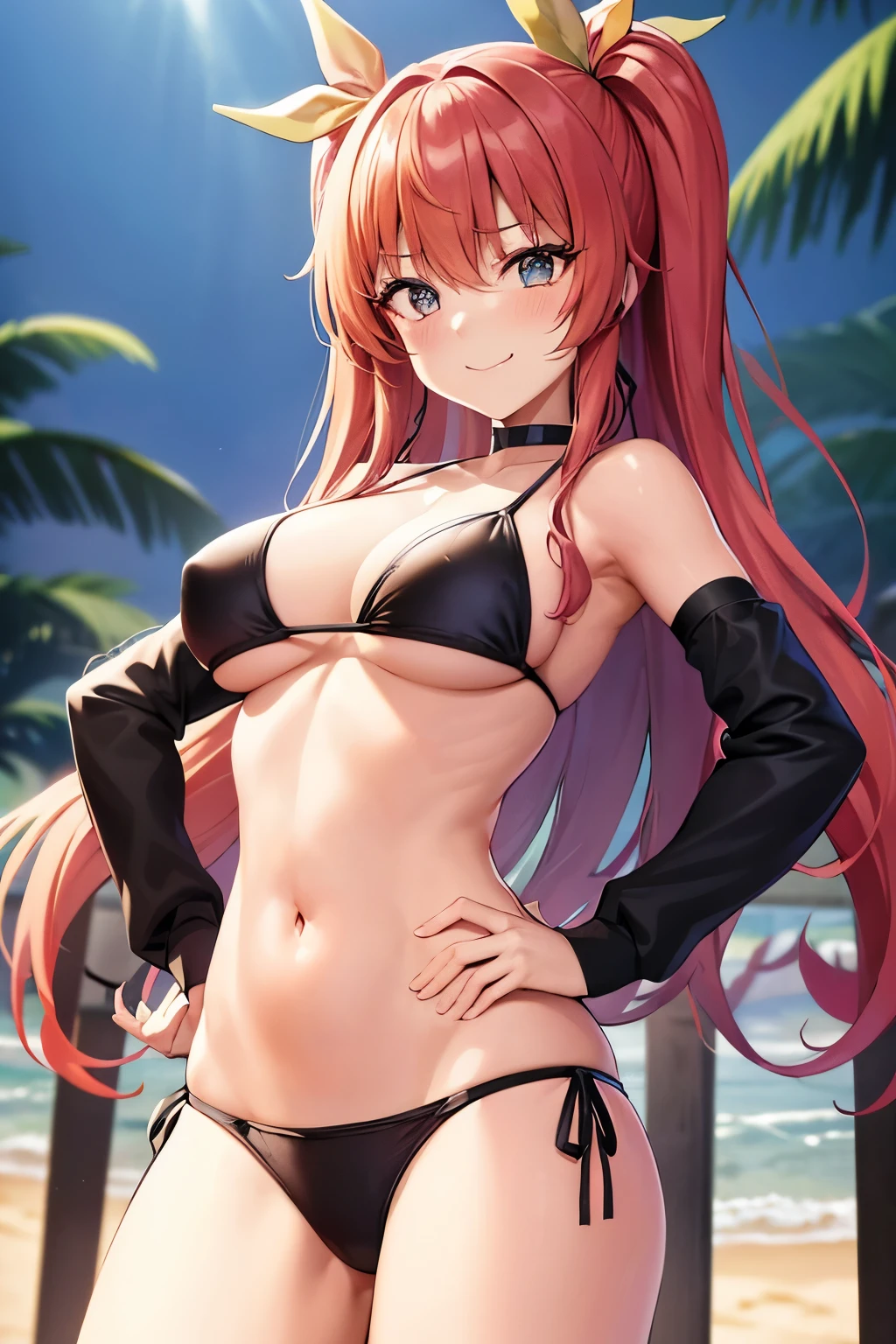 Stella Vermillion, Stella Vermillion, Haare zwischen den Augen, Haaraufnahme, Haarband, lange Haare, (rote Augen:1.5), Rote Haare, zwei Seiten nach oben, gelbes Band,Oberschenkel Oberschenkel Oberschenkel Oberschenkel, BREAK schaut den Betrachter an,,brechen (Tischplatte:1.2), best quality, high resolution, Unity 8k-Hintergrundbild, (Illustration:0.8), (beautiful detailed eyes:1.6), besonders detailliertes Gesicht, perfekte Beleuchtung, Extrem detaillierte CG, (perfect hands, perfekte Anatomie),Sassy big、Smile with your mouth open、,(gelber Bikini:1.5)、(der Strand:1.3)、Cowboy-Schuss、Hands on hips