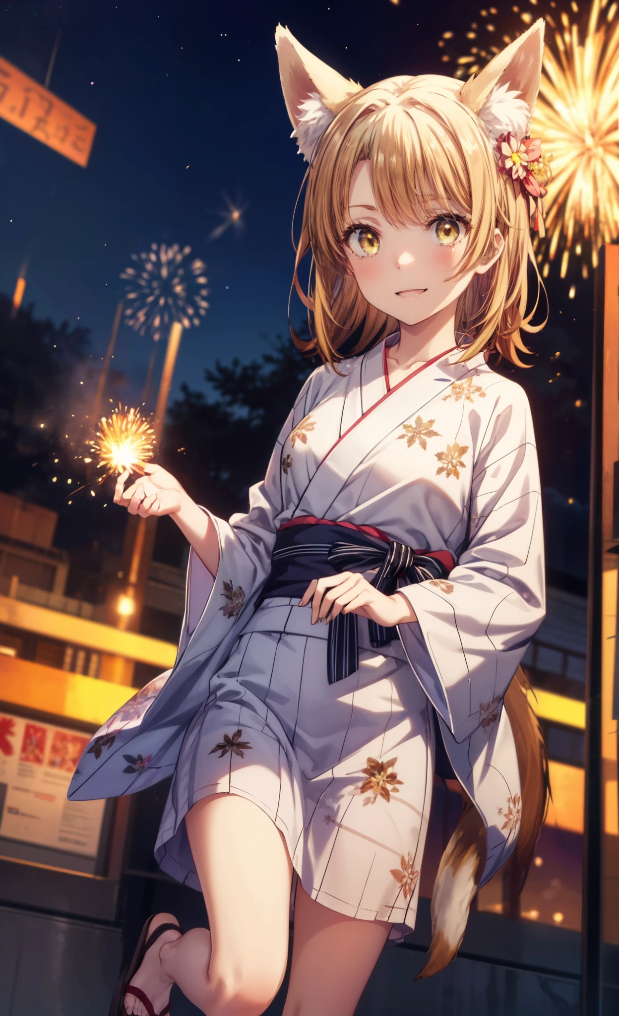 irohaisshiki, Isshiki Iroha, long hair, brown hair, (brown eyes:1.5), smile,animal ears　fox ears from the top of the head,animal tail　fox tail,flower hair ornament,Yukata with yellow floral pattern,long skirt,Zori sandals,firework in the night sky,firework,The place is a firework display,Time is night,sunny day,Make sure the whole body is included in the illustration,
break outdoors, destroy the shrine (masterpiece:1.2), highest quality, High resolution, unity 8k wallpaper, (shape:0.8), (beautiful and detailed eyes:1.6), highly detailed face, perfect lighting, Very detailed CG, (perfect hands, perfect anatomy),