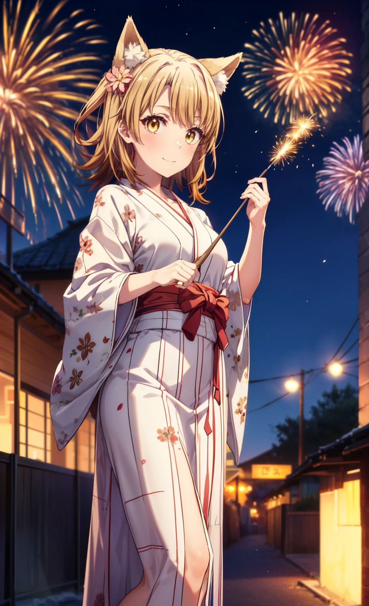 irohaisshiki, Isshiki Iroha, long hair, brown hair, (brown eyes:1.5), smile,animal ears　fox ears from the top of the head,animal tail　fox tail,flower hair ornament,Yukata with yellow floral pattern,long skirt,Zori sandals,firework in the night sky,firework,The place is a firework display,Time is night,sunny day,Make sure the whole body is included in the illustration,
break outdoors, destroy the shrine (masterpiece:1.2), highest quality, High resolution, unity 8k wallpaper, (shape:0.8), (beautiful and detailed eyes:1.6), highly detailed face, perfect lighting, Very detailed CG, (perfect hands, perfect anatomy),