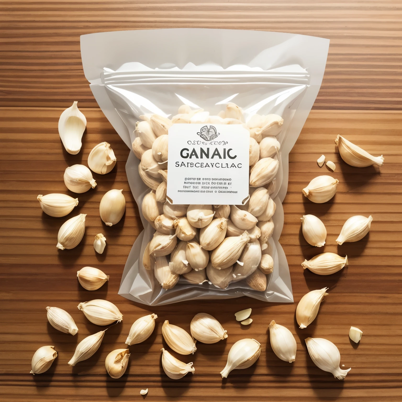 Create a realistic image food photography: a transparent standing pouch containing peeled nuts with sliced ​​dried garlic with the title "cang enuts", the words "kacange mak tika". Kitchen background, cutting board, nuts a handful of sliced ​​garlic, a pinch of salt. Wide shot.