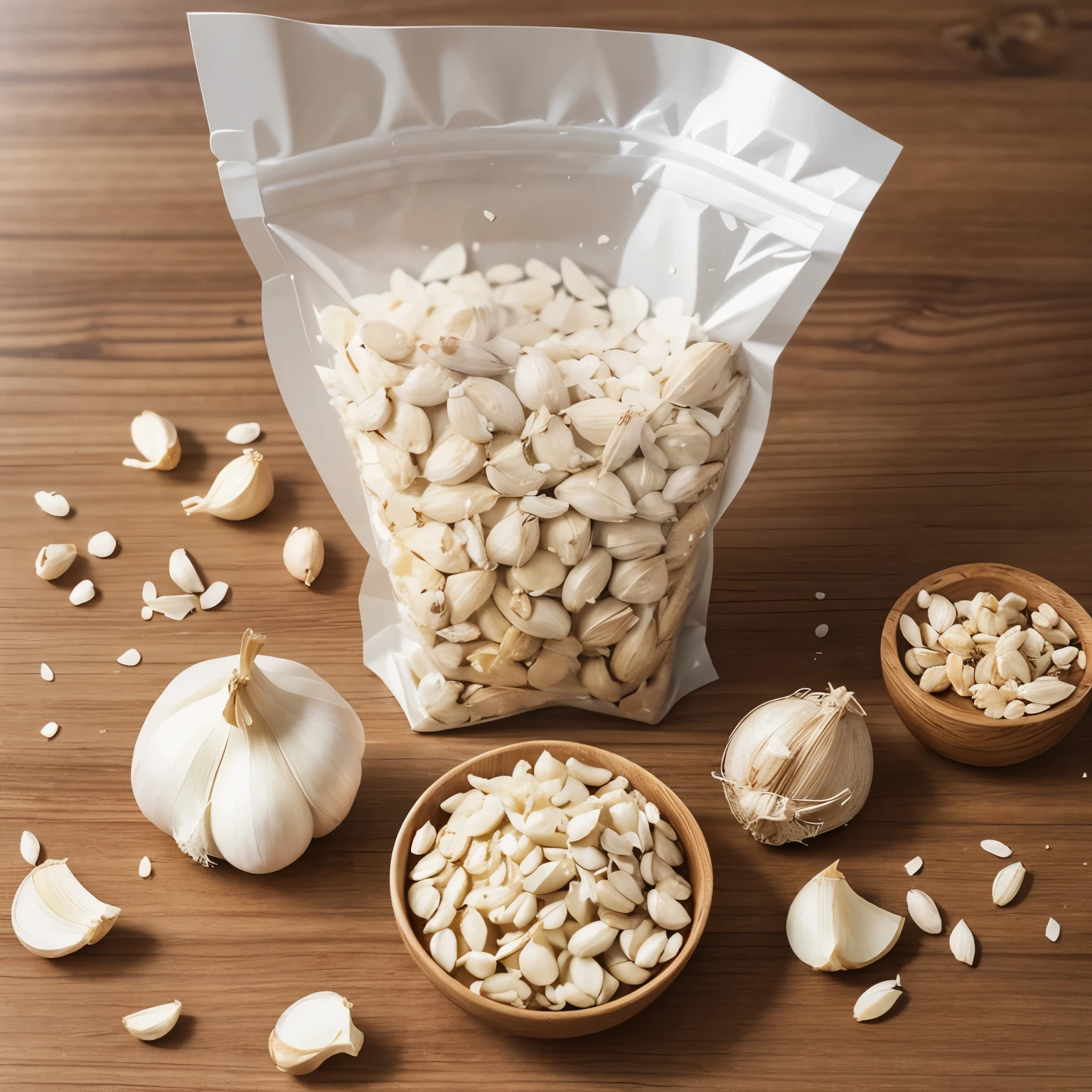 Create a realistic image food photography: a transparent standing pouch containing peeled nuts with sliced ​​dried garlic with the title "cang enuts", the words "kacange mak tika". Kitchen background, cutting board, nuts a handful of sliced ​​garlic, a pinch of salt. Wide shot.