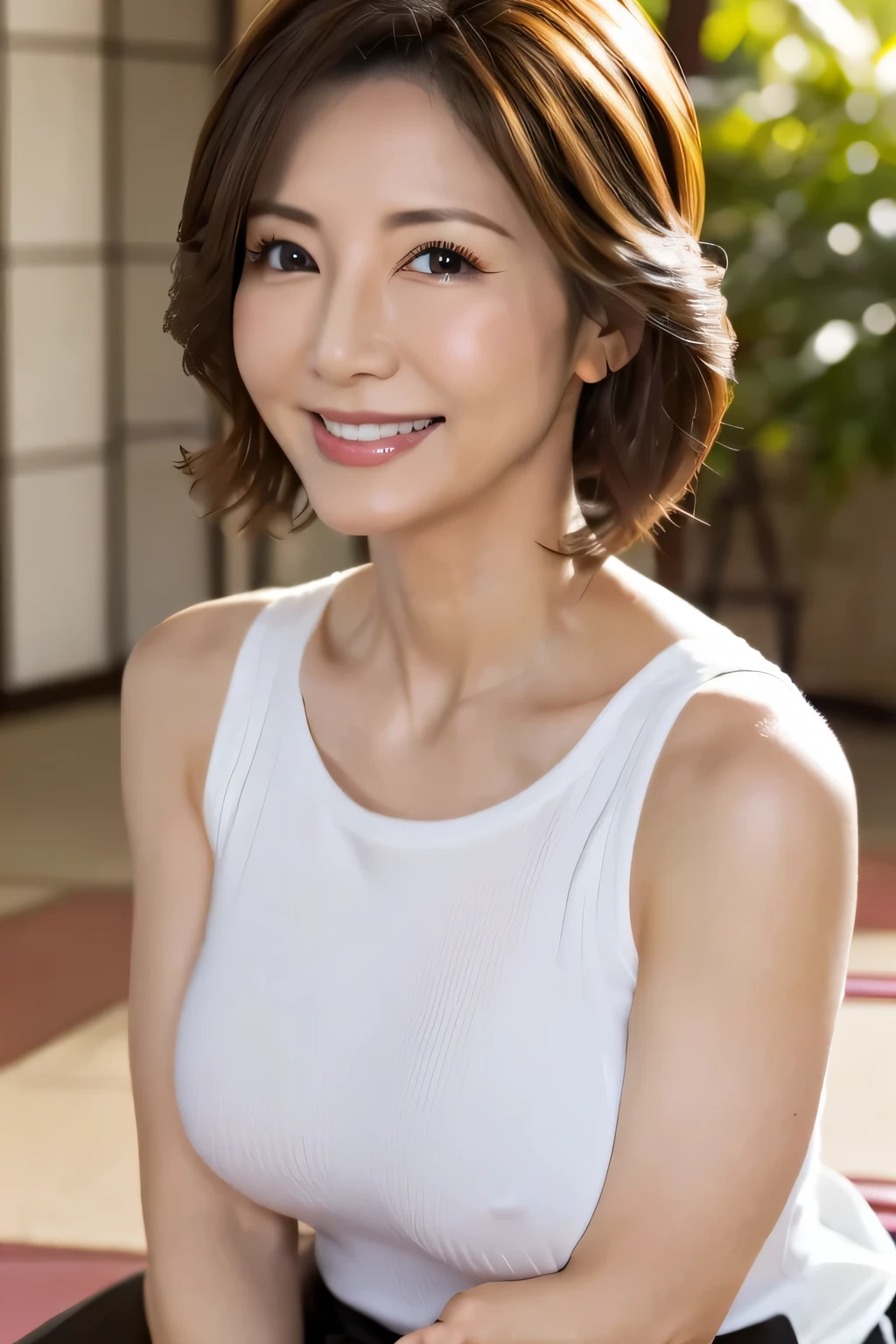 japanese mature, (alone), 50 years old, (wrinkles around the eyes:1.2), big breasts, mature woman, Glamour, sexy, pure white skin, looking at the viewer、super huge breasts、I'A person wearing a sleeveless turtleneck knit、tight fit knit dress、Muchimuchi、black pantyhose、high heels、smile、Public place、crossed legs,((light makeup)),
