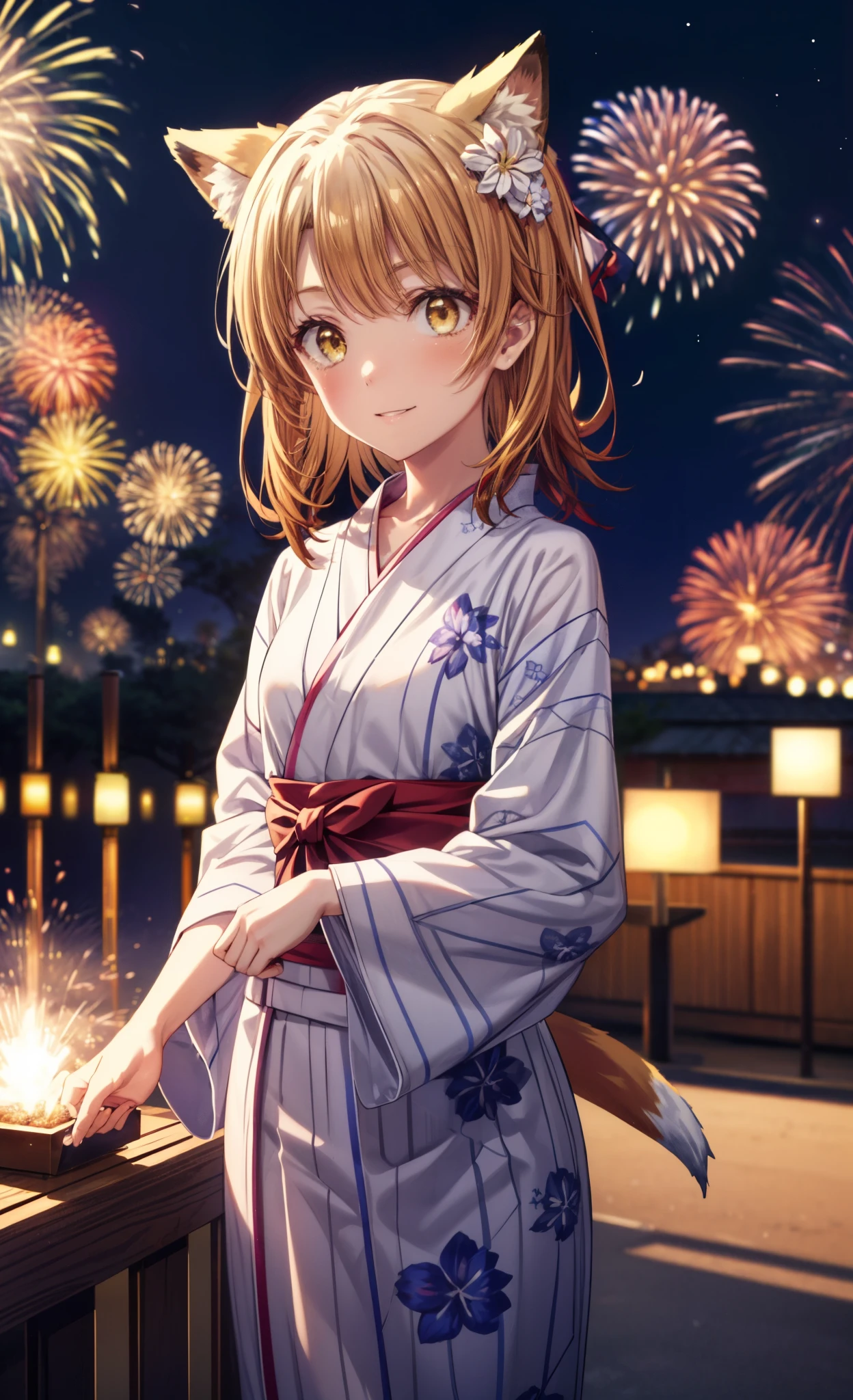 irohaisshiki, Isshiki Iroha, long hair, brown hair, (brown eyes:1.5), smile,animal ears　fox ears from the top of the head,animal tail　fox tail,flower hair ornament,Yukata with yellow floral pattern,long skirt,Zori sandals,firework in the night sky,firework,The place is a firework display,Time is night,sunny day,Make sure the whole body is included in the illustration,
break outdoors, destroy the shrine (masterpiece:1.2), highest quality, High resolution, unity 8k wallpaper, (shape:0.8), (beautiful and detailed eyes:1.6), highly detailed face, perfect lighting, Very detailed CG, (perfect hands, perfect anatomy),