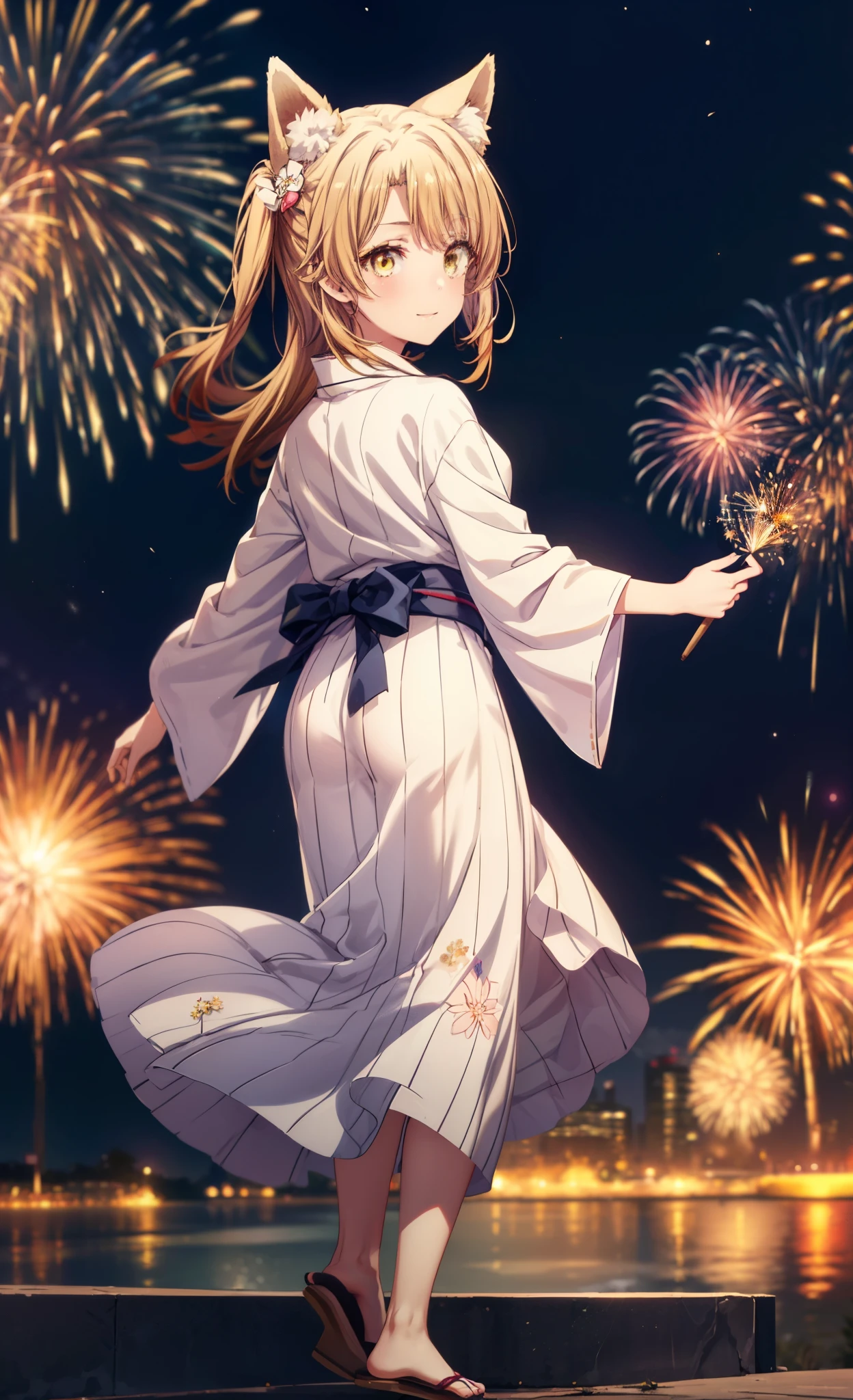 irohaisshiki, Isshiki Iroha, long hair, brown hair, (brown eyes:1.5), smile,animal ears　fox ears from the top of the head,animal tail　fox tail,flower hair ornament,Yukata with yellow floral pattern,long skirt,Zori sandals,firework in the night sky,firework,The place is a firework display,Time is night,sunny day,Make sure the whole body is included in the illustration,
break outdoors, destroy the shrine (masterpiece:1.2), highest quality, High resolution, unity 8k wallpaper, (shape:0.8), (beautiful and detailed eyes:1.6), highly detailed face, perfect lighting, Very detailed CG, (perfect hands, perfect anatomy),