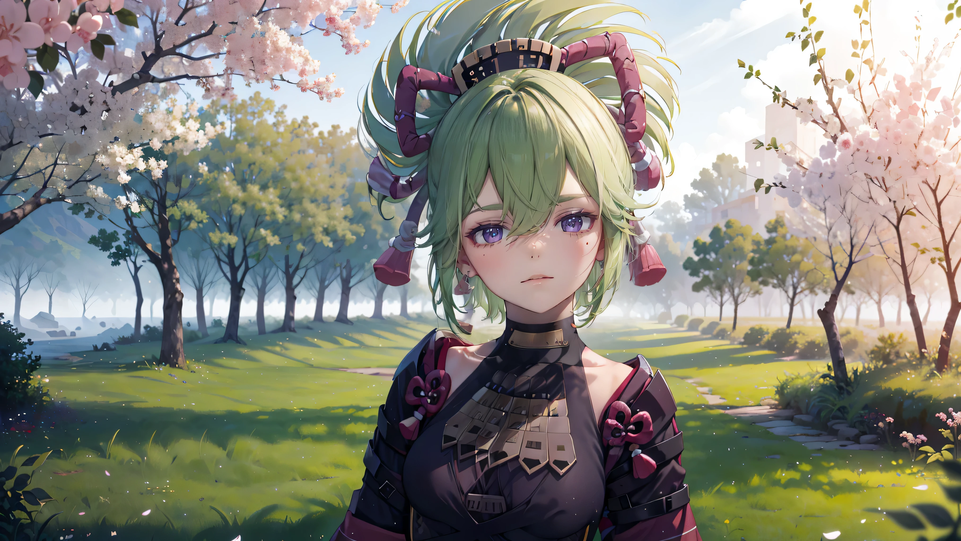 (best quality,8k,height,Masterpiece:1.2),(realistic,photorealistic,photo-realistic:1.37), Mr. Ta Si, a purple traditional Japanese bakery,Beautifully detailed eyes,happiness,glowing eyes,smile,บรรยากาศquiet,Traditional Japanese clothing,work(best quality,Comprehensive,advertisement:1.2),bright and warm,sweet and sleepy,complete happiness,smileสดใส,cherry tree,quiet,aroma,dreamlike,bright colors,delicate light,Traditional Japanese tea set,Lively atmosphere, Looking at the audience from the front, พื้นหลังเป็นเมืองญี่ปุ่นเก่าแก่ที่มีcherry tree.,