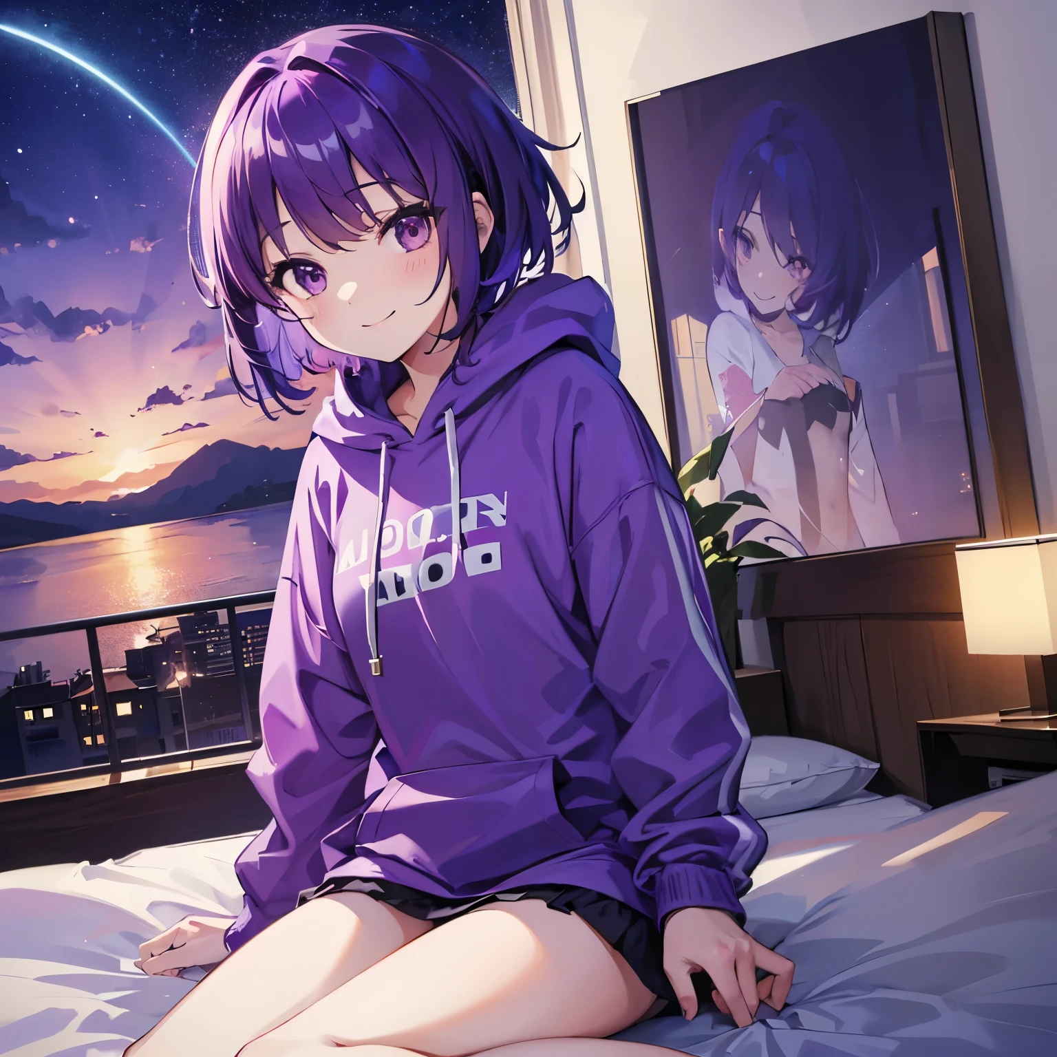 (T Masterpiece，4k wallpaper，best quality))、((girl１people))、(solo)、Shining and vivid，(purple hair)、(shortcut:1.3)、smile、Bedroom、night、hoodie