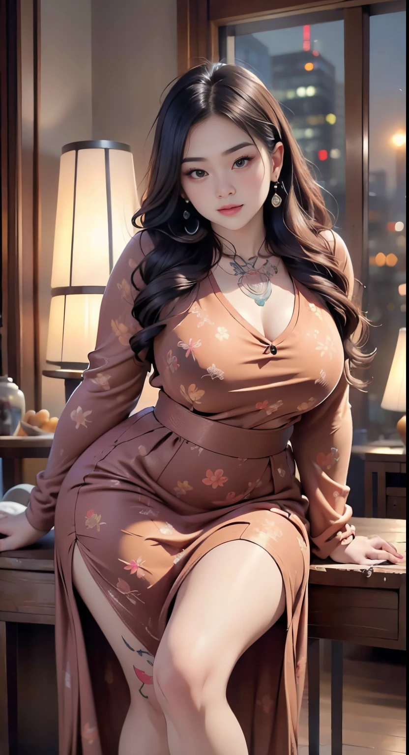 there is a woman sitting down with a longest brown hair, bbwchan, thicc, brown hijab outfit, brown hairstyle model, korean girl, korean woman, wearing brown robe, full length shot, alluring plus sized model, japanese goddess, clothed in hooded, voluptuous and arousing, portrait shot, curvy model, voluptuous body, wonderful, nene tanaka body , bbwchan, The overall atmosphere is smooth , haunting illustrations, extremely high-resolution details, photographic, realism pushed to extreme, fine texture, 4k, ultra-detailed, high quality, high contrast, red sneakers , cold atmosphere ,, cold atmosphere ,, ((Detailed texture of tattooed skin)), tattoo round breasts, irezumi tattoo style, tattoo on breasts, tttattoo, showing her thigh , tattoo on thigh, a close up of a woman with tattoos on her body, inked, tattooed body, fully tattooed body, tattooed, full-body tattoos, full - body tattoos, , full body tattoo, with tattoos, , tattoos, tattoos all over the skin, tattoos and piercings, ((Neka: 0.45)) LoRA, {{大哥的纹身女人 Iremuzi tattoo style v1.0: 0.91}},, ((BohoAI v1.0 : 0.45))