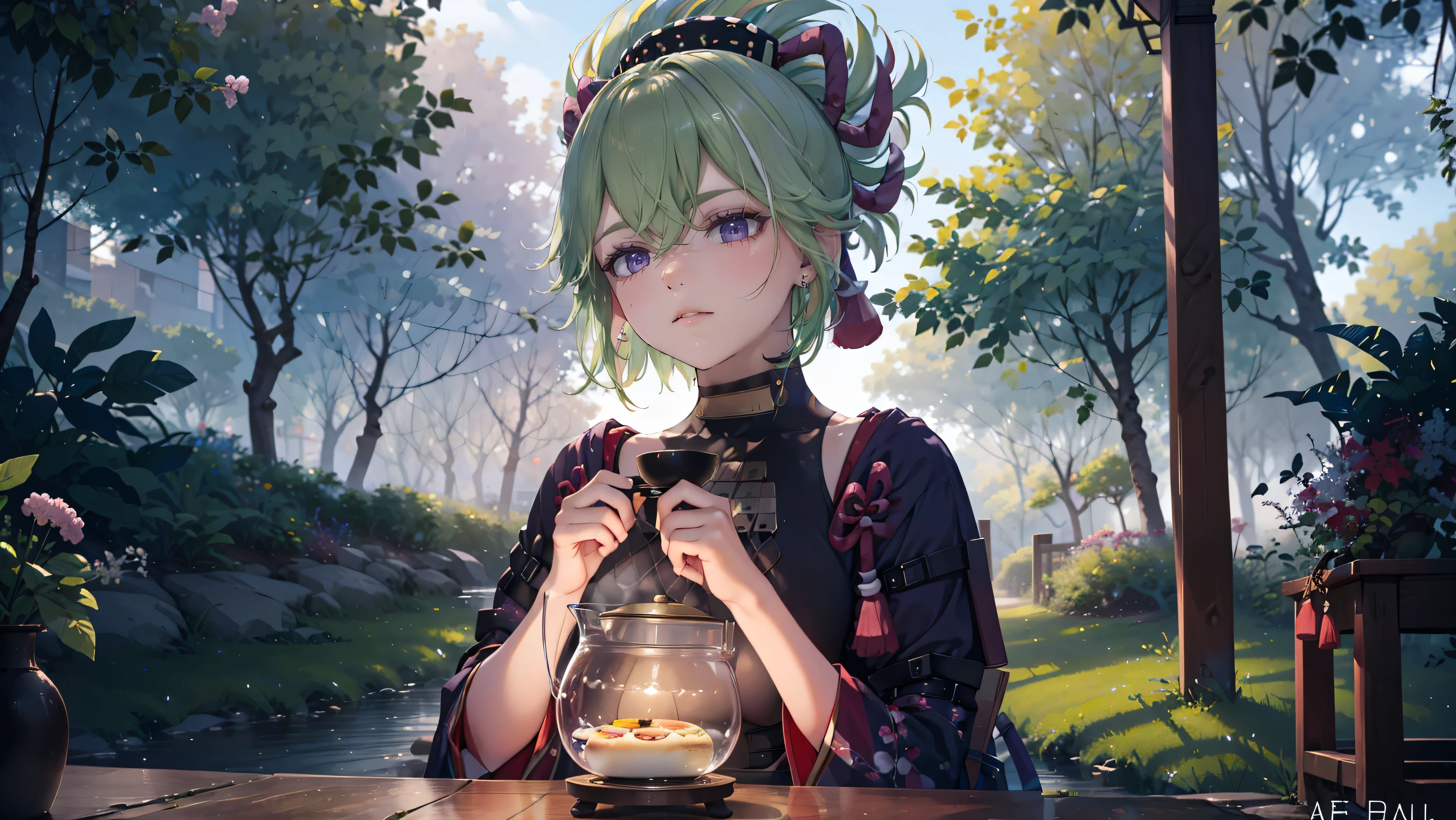 (best quality,8k,height,Masterpiece:1.2),(realistic,photorealistic,photo-realistic:1.37), Mr. Ta Si, a purple traditional Japanese bakery,Beautifully detailed eyes,happiness,glowing eyes,smile,บรรยากาศquiet,Traditional Japanese clothing,work(best quality,Comprehensive,advertisement:1.2),bright and warm,sweet and sleepy,complete happiness,smileสดใส,cherry tree,quiet,aroma,dreamlike,bright colors,delicate light,Traditional Japanese tea set,Lively atmosphere, Looking at the audience from the front, พื้นหลังเป็นเมืองญี่ปุ่นเก่าแก่ที่มีcherry tree.,