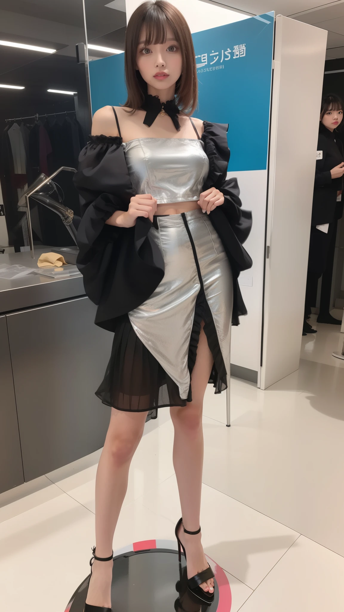 Silver satin ruffled blouse, black skirt