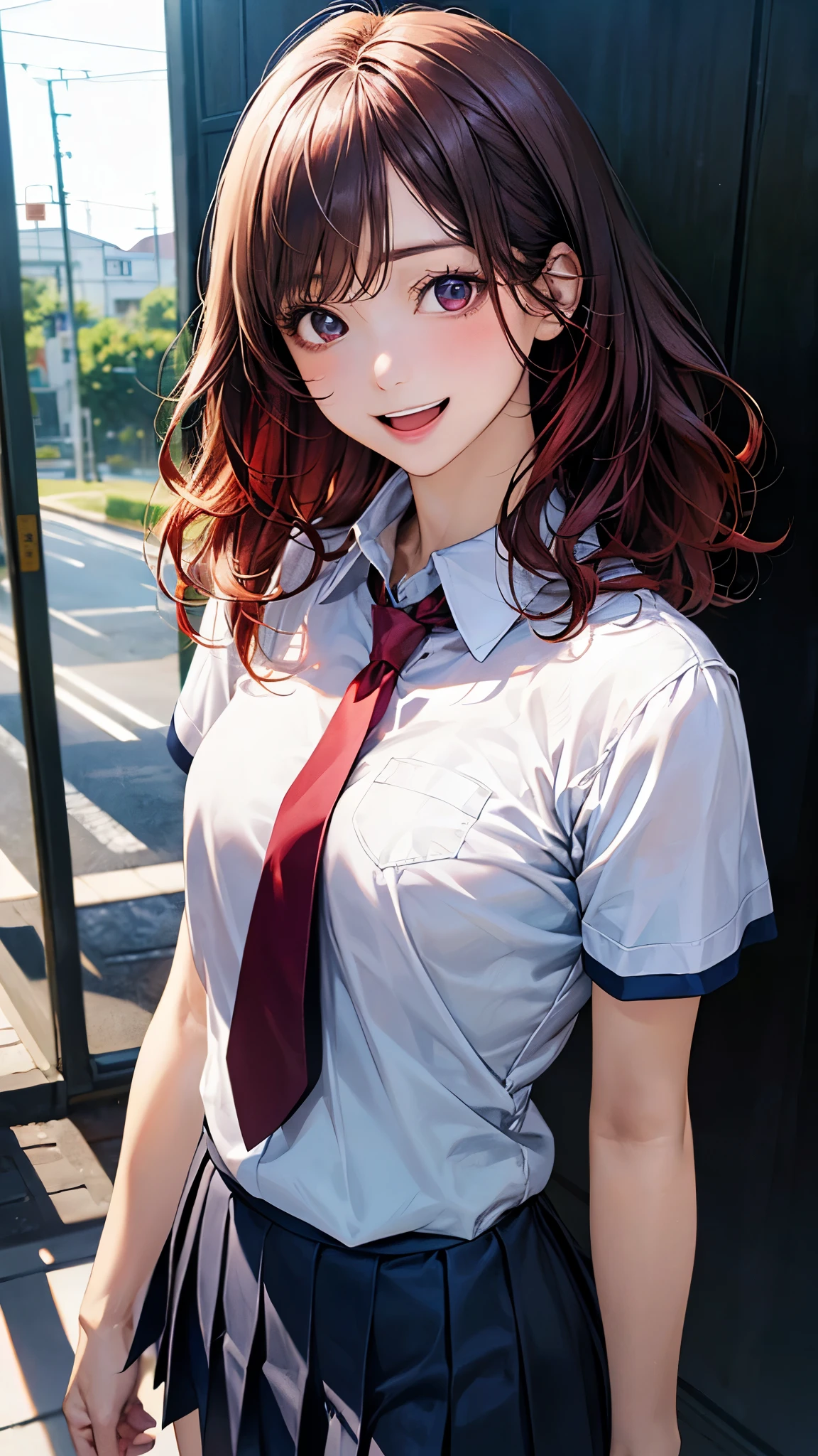 (masterpiece:1.2, top-quality), (realistic, photorealistic:1.4), beautiful illustration, (natural side lighting, movie lighting), nsfw,
looking at viewer, face focus, upper body, 1 girl, japanese, high school girl, perfect face, cute and symmetrical face, shiny skin,
(middle hair:0.8, wavy hair:1.2, red hair), swept bangs, red eyes, long eye lasher, (mideum breasts), slender,
beautiful hair, beautiful face, beautiful detailed eyes, beautiful clavicle, beautiful body, beautiful chest, beautiful thigh, beautiful legs, beautiful fingers,
((detailed cloth texture, short sleeves white collared shirts, navy pleated mini skirt), dark red tie),
(beautiful scenery), evening, (outside school), walking, selfie, (happy smile, open mouth),