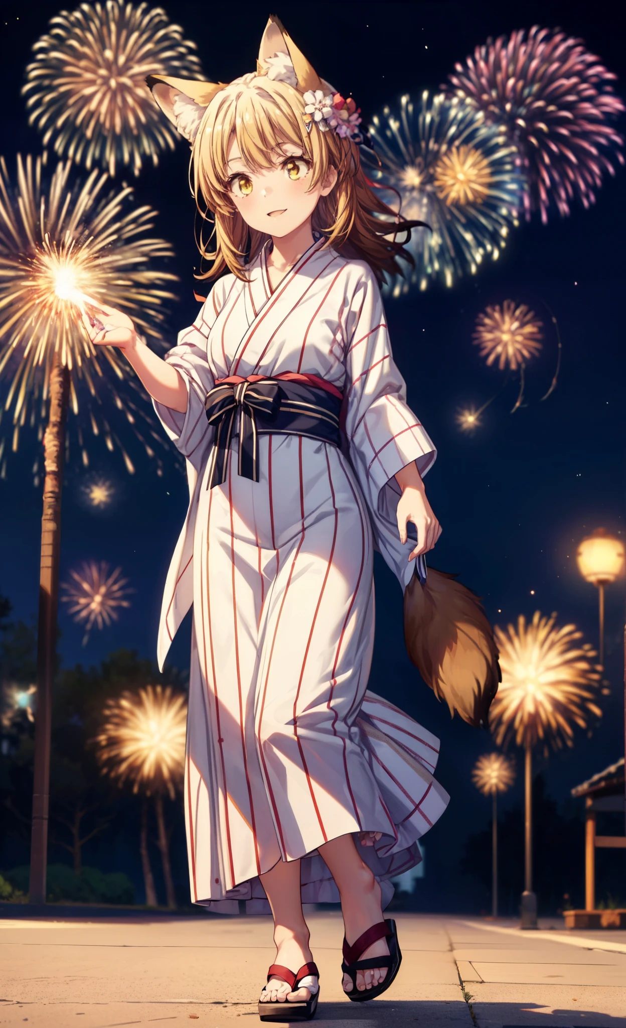 irohaisshiki, Isshiki Iroha, long hair, brown hair, (brown eyes:1.5), smile,animal ears fox ears from the top of the head,animal tail 1 fox tail,flower hair ornament,Yukata with yellow floral pattern,long skirt,Zori sandals,firework in the night sky,firework,The place is a firework display,Time is night,sunny day,Make sure the illustration includes the whole body,
rest outdoors, destroy the shrine (masterpiece:1.2), highest quality, High resolution, unity 8k wallpaper, (shape:0.8), (beautiful and detailed eyes:1.6), highly detailed face, perfect lighting, Very detailed CG, (perfect hands, perfect anatomy),