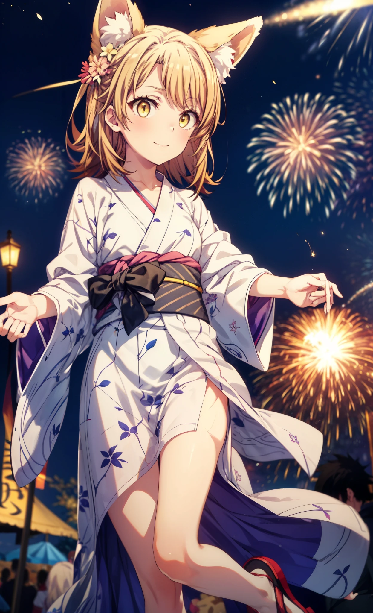 irohaisshiki, Isshiki Iroha, long hair, brown hair, (brown eyes:1.5), smile,animal ears fox ears from the top of the head,animal tail 1 fox tail,flower hair ornament,Yukata with yellow floral pattern,long skirt,Zori sandals,firework in the night sky,firework,The place is a firework display,Time is night,sunny day,Make sure the illustration includes the whole body,
rest outdoors, destroy the shrine (masterpiece:1.2), highest quality, High resolution, unity 8k wallpaper, (shape:0.8), (beautiful and detailed eyes:1.6), highly detailed face, perfect lighting, Very detailed CG, (perfect hands, perfect anatomy),