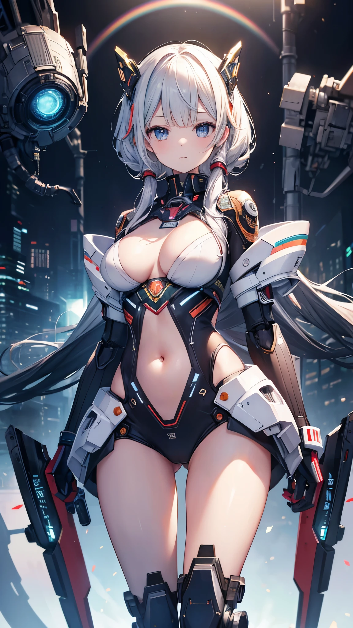 ((masterpiece, highest quality)), figure, Ultra-detailed 8K, realistic, clear focus, very detailed, professional lighting, colorful details, Rainbow colored BREAK factory super long shot, (1 large mechanical robot), microchip, computer, luminescence, intricate details, Shitsumeka, Downscale of one girl standing in front of the viewer, belly button