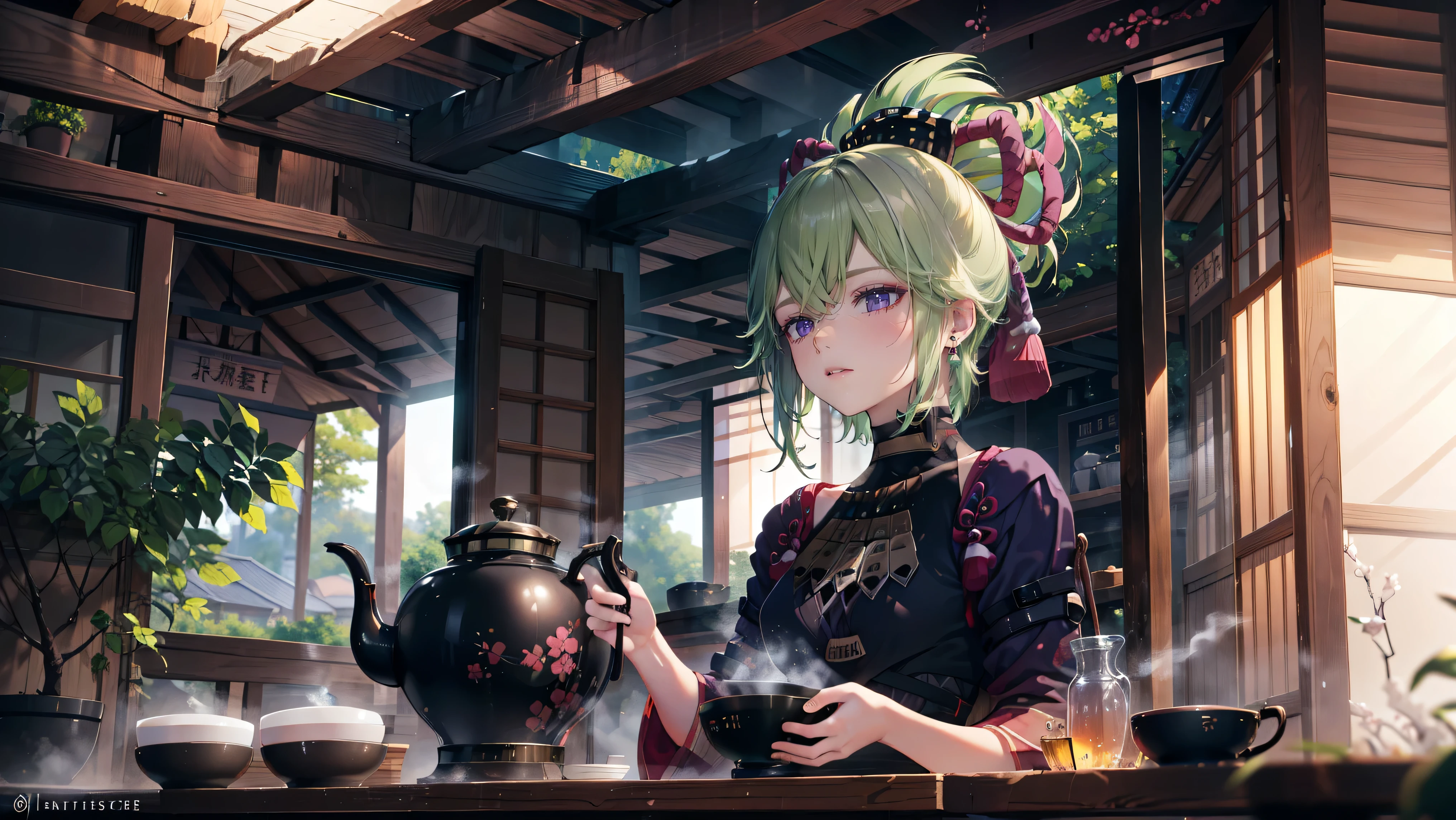 (best quality,8k,height,Masterpiece:1.2),(realistic,photorealistic,photo-realistic:1.37), Mr. Ta Si, a purple traditional Japanese bakery,Beautifully detailed eyes,happiness,glowing eyes,smile,บรรยากาศquiet,Traditional Japanese clothing,work(best quality,Comprehensive,advertisement:1.2),bright and warm,sweet and sleepy,complete happiness,smileสดใส,cherry tree,quiet,aroma,dreamlike,bright colors,delicate light,Traditional Japanese tea set,Lively atmosphere, Looking at the audience from the front, พื้นหลังเป็นเมืองญี่ปุ่นเก่าแก่ที่มีcherry tree.,