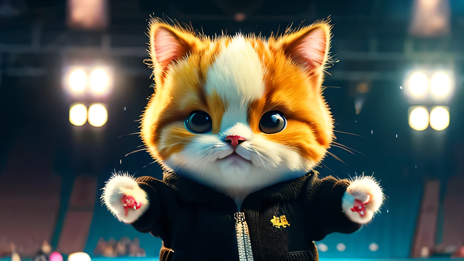 at the stadium, so crying sad thick kitty cat, orange, thick, People point fingers, depth of field, Disney style, dark_glamorous, wear DRC_glamorous, deep shadow, (dark: 1.4), (8K, Raw-Photo, Best quality, Masterpiece: 1.2), sad with big eyes , rain, sadness, suffering, When the American ball is lost, Cat in sportswear, like Kat, American football player..