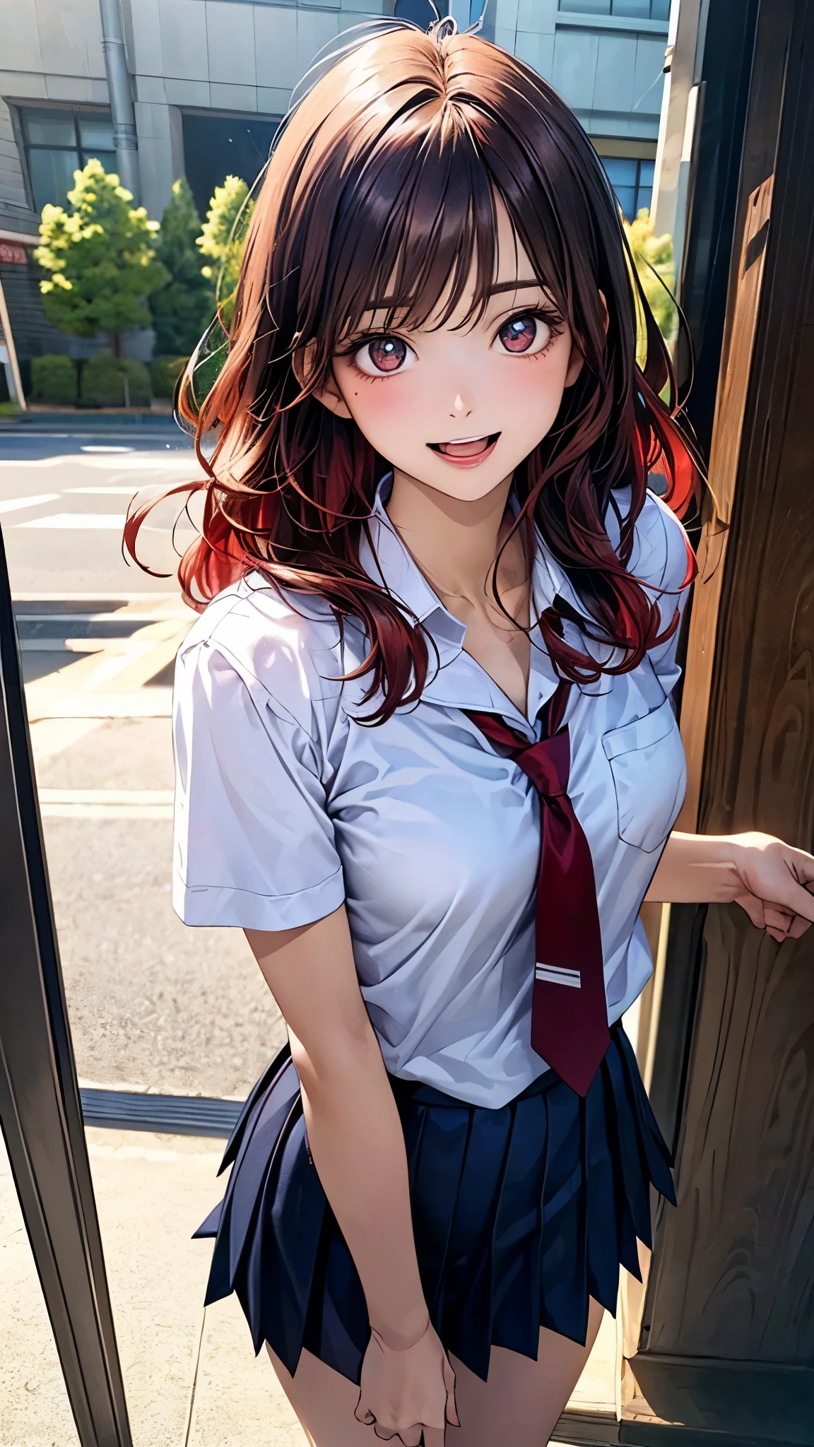 (masterpiece:1.2, top-quality), (realistic, photorealistic:1.4), beautiful illustration, (natural side lighting, movie lighting), nsfw, 
looking at viewer, face focus, upper body, 1 girl, japanese, high school girl, perfect face, cute and symmetrical face, shiny skin, 
(middle hair:0.8, wavy hair:1.2, red hair), swept bangs, red eyes, long eye lasher, (mideum breasts), slender, 
beautiful hair, beautiful face, beautiful detailed eyes, beautiful clavicle, beautiful body, beautiful chest, beautiful thigh, beautiful legs, beautiful fingers, 
((detailed cloth texture, short sleeves white collared shirts, navy pleated mini skirt), dark red tie), 
(beautiful scenery), evening, (outside school), walking, selfie, (happy smile, open mouth),