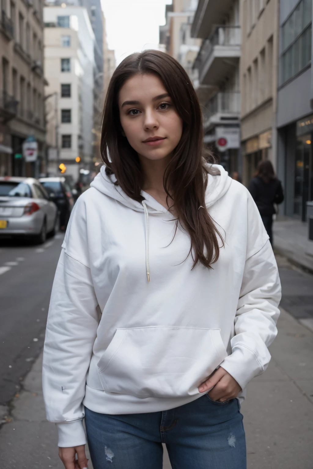 fille qui habille une blanche heavy hoodie avec un pontallon jeans