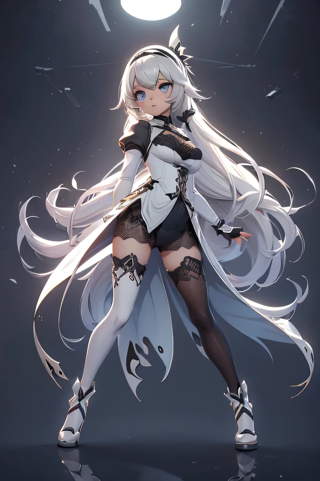 long silver hair,girl with crystal blue eyes,He was wearing tights that looked like battle uniforms..,Parts such as wrists and knees are made of hard armor.、.,No expression,There is no emotion in the eyes,extremely cold,Light and dark backgrounds,long white sword,((whole body)),