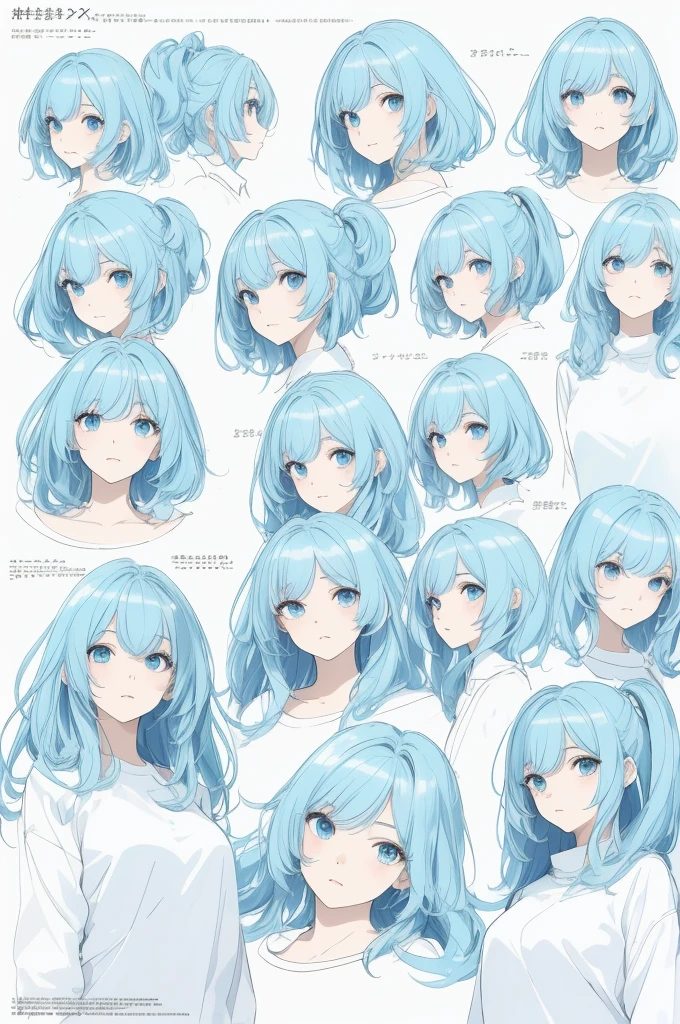 ((Masterpiece)),(((best quality))),(character design sheet, same character, front, side, go back), illustration, 1 girl, Hair color, smooth, Hair style fax, eyes, environment change scene, Hair style fax, Zitai poses, female, Chang Yi shirt, star, Chartern Betalora, (simple go background, white go background: 1.3), --6