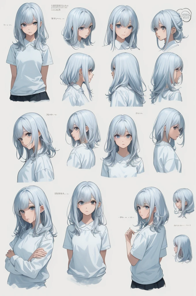 ((Masterpiece)),(((best quality))),(character design sheet, same character, front, side, go back), illustration, 1 girl, Hair color, smooth, Hair style fax, eyes, environment change scene, Hair style fax, Zitai poses, female, Chang Yi shirt, star, Chartern Betalora, (simple go background, white go background: 1.3), --6