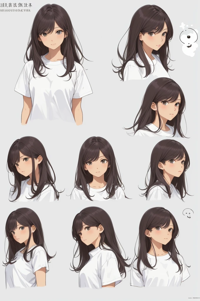 ((Masterpiece)),(((best quality))),(character design sheet, same character, front, side, go back), illustration, 1 girl, Hair color, smooth, Hair style fax, eyes, environment change scene, Hair style fax, Zitai poses, female, Chang Yi shirt, star, Chartern Betalora, (simple go background, white go background: 1.3), --6