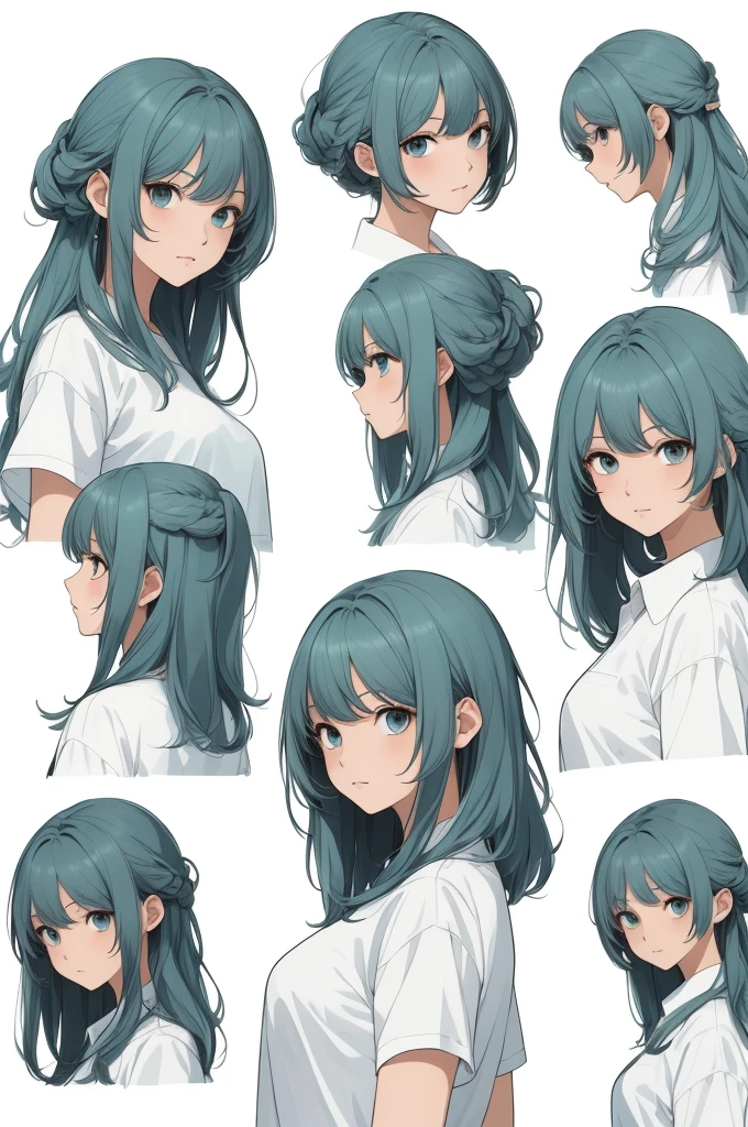 ((Masterpiece)),(((best quality))),(character design sheet, same character, front, side, go back), illustration, 1 girl, Hair color, smooth, Hair style fax, eyes, environment change scene, Hair style fax, Zitai poses, female, Chang Yi shirt, star, Chartern Betalora, (simple go background, white go background: 1.3), --6