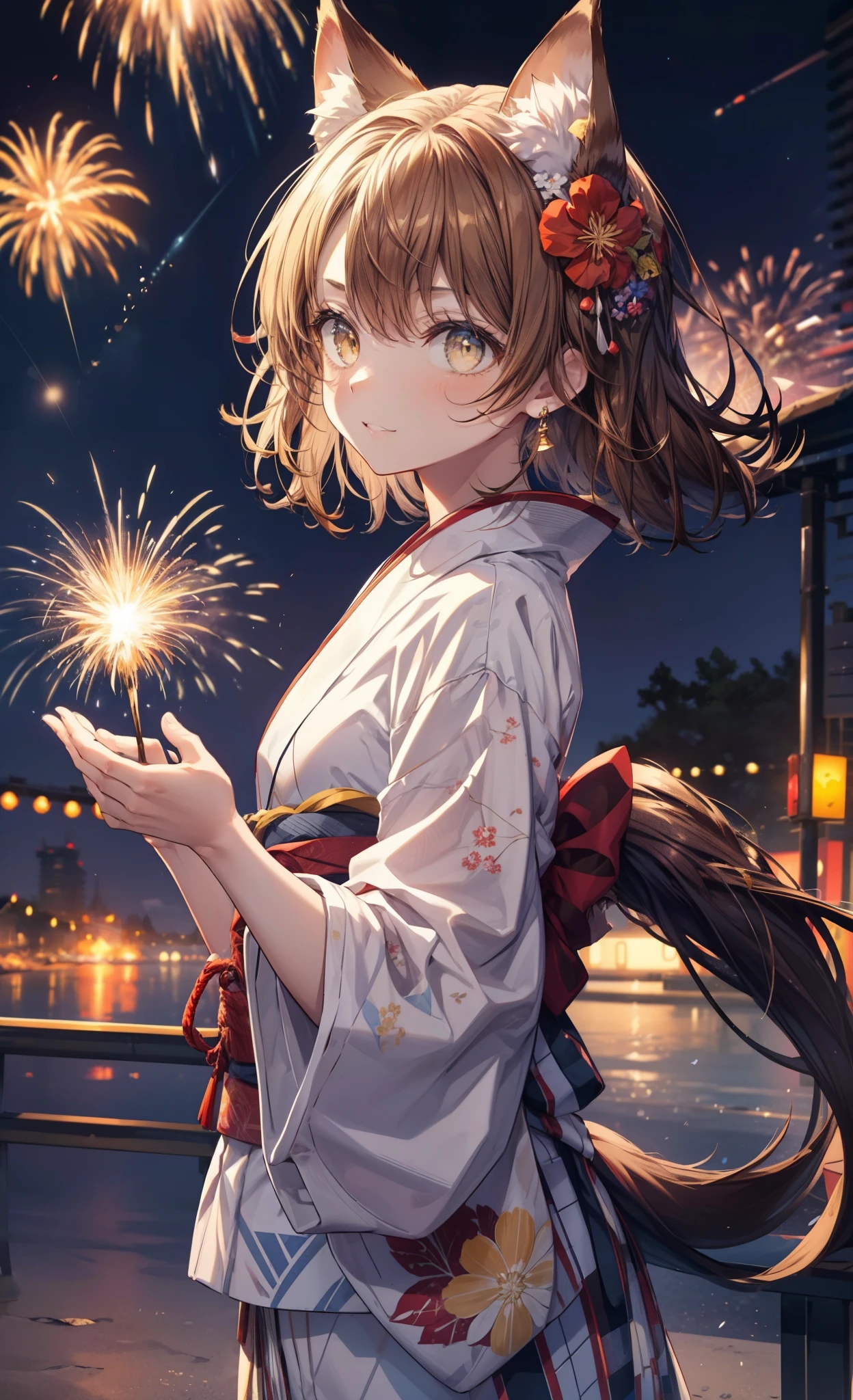 irohaisshiki, Isshiki Iroha, long hair, brown hair, (brown eyes:1.5), smile,animal ears　fox ears from the top of the head,animal tail　1 fox tail,flower hair ornament,Yukata with yellow floral pattern,long skirt,Zori sandals,firework in the night sky,firework,The place is a firework display,Time is night,sunny day,Make sure the illustration includes the whole body,
rest outdoors, destroy the shrine (masterpiece:1.2), highest quality, High resolution, unity 8k wallpaper, (shape:0.8), (beautiful and detailed eyes:1.6), highly detailed face, perfect lighting, Very detailed CG, (perfect hands, perfect ???????),