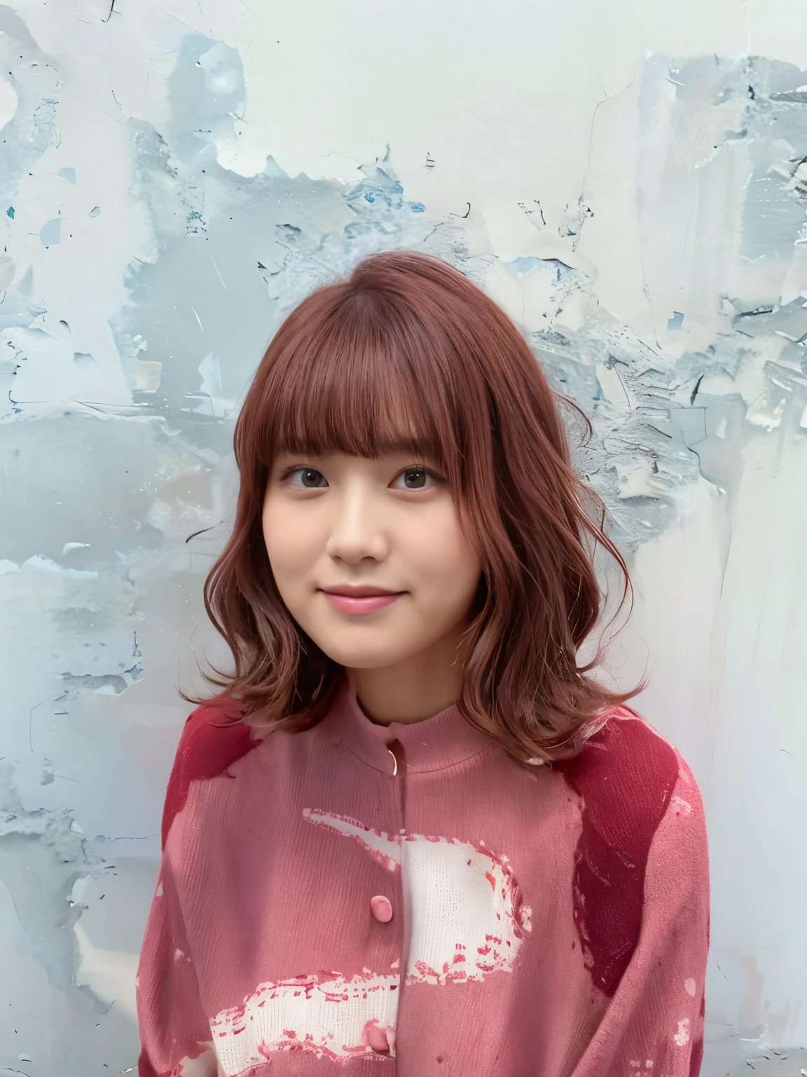 (very realistic pictures, High resolution, detailed face, fine eyes), ((Taken in front of a white wall))、japanese woman, 40 years old, various expressions, alone:1, slim body shape, various hairstyles, casual clothes, Only one person is in the photo、long sleeve dress、Photographed in natural light、simple necklace、spring clothes、Don'don't look at the camera、profile、pink brown hair color、bob hair