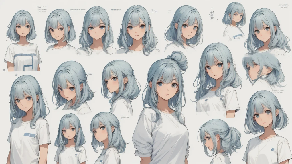 ((Masterpiece)),(((best quality))),(character design sheet, same character, front, side, go back), illustration, 1 girl, Hair color, smooth, Hair style fax, eyes, environment change scene, Hair style fax, Zitai poses, female, Chang Yi shirt, star, Chartern Betalora, (simple go background, white go background: 1.3), --6