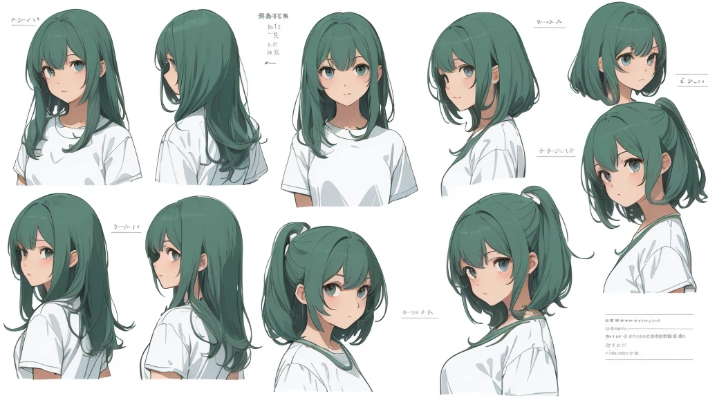 ((Masterpiece)),(((best quality))),(character design sheet, same character, front, side, go back), illustration, 1 girl, Hair color, smooth, Hair style fax, eyes, environment change scene, Hair style fax, Zitai poses, female, Chang Yi shirt, star, Chartern Betalora, (simple go background, white go background: 1.3), --6