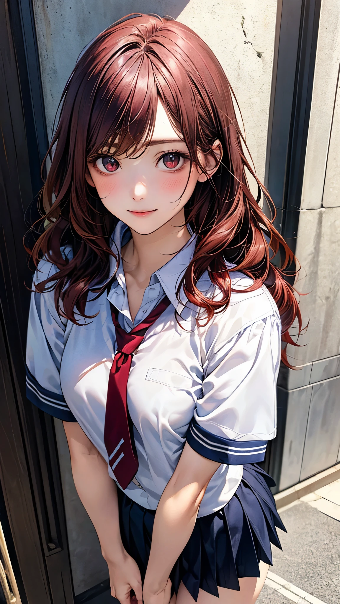 (masterpiece:1.2, Highest quality), (Realistic, photoRealistic:1.4), Beautiful illustrations, (Natural Side Lighting, Cinema Lighting), Browsing Caution, View your viewers, Face Focus, Upper Body, 1 girl, Japanese, high school girl, Perfect Face, Cute and symmetrical face, Glowing Skin, (Mid-length hair:0.8, Wavy Hair:1.2, Pink Hair), Swept-apart bangs, Red eyes, Long eyelashes, (Medium chest), thin, Beautiful Hair, Beautiful Face, Beautiful attention to detail, Beautiful clavicle, Beautiful body, Beautiful breasts, Beautiful thighs, Beautiful feet, Beautiful fingers, ((Detailed cloth texture, Short sleeved white collared shirt, Navy pleated mini skirt), Dark red tie), (Beautiful views), evening, (Outside school), Are standing, Reaching out, (Smile, Close one eye),