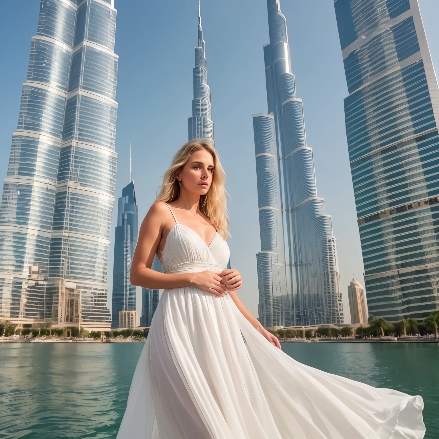 A beautiful white lady, radiant and ethereal, stands before the towering Burj Khalifa, her elegant form contrasting against the modern architectural marvel. The sun sets behind her, casting a warm, golden glow over her delicate features. Her hair cascades down her shoulders in soft waves, catching the light and framing her face. She wears an elegant, flowing white dress that billows gently in the evening breeze. Her hands are delicately folded in front of her, as if deep in thought. The Burj Khalifa, with its glittering facade, looms majestically in the background, its reflection shimmering on the tranquil waters below. The scene is capt