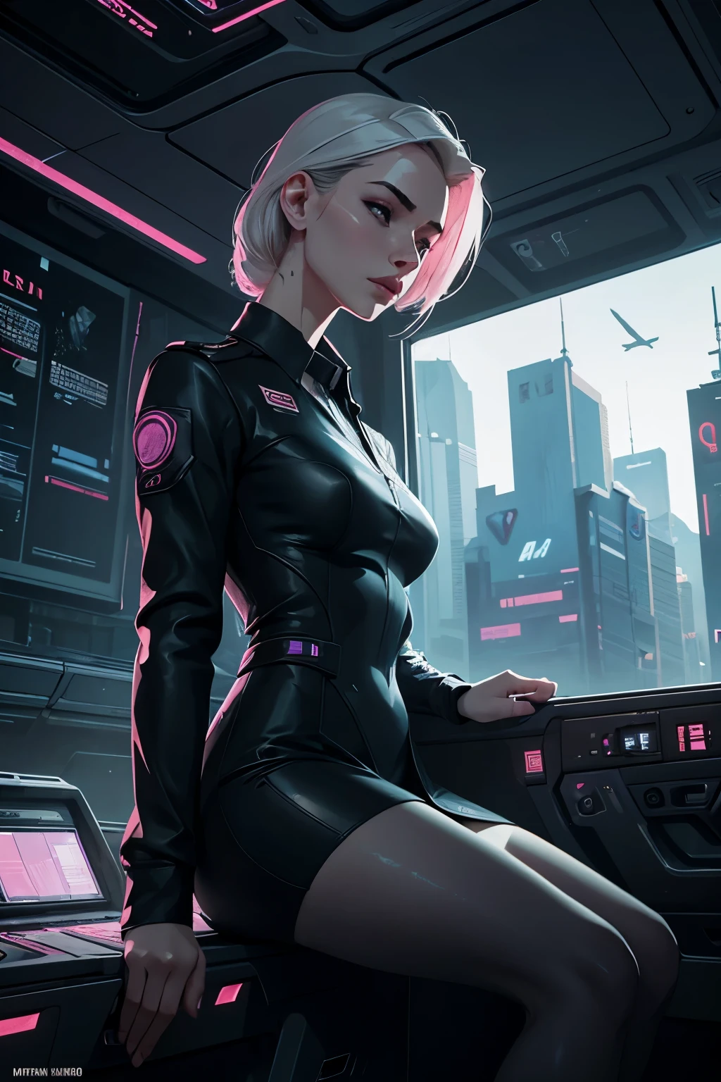 (1girl:1.3), solo, __body parts__ delicate and realistic skin, pale skin, big, official art, unified 16k wallpaper, ultra detail, beauty and aesthetics, beauty, masterpiece, best quality, in cyberpunk city, fantastic atmosphere, calm color palette, peaceful mood, soft shadows, flight attendant uniform, glamour