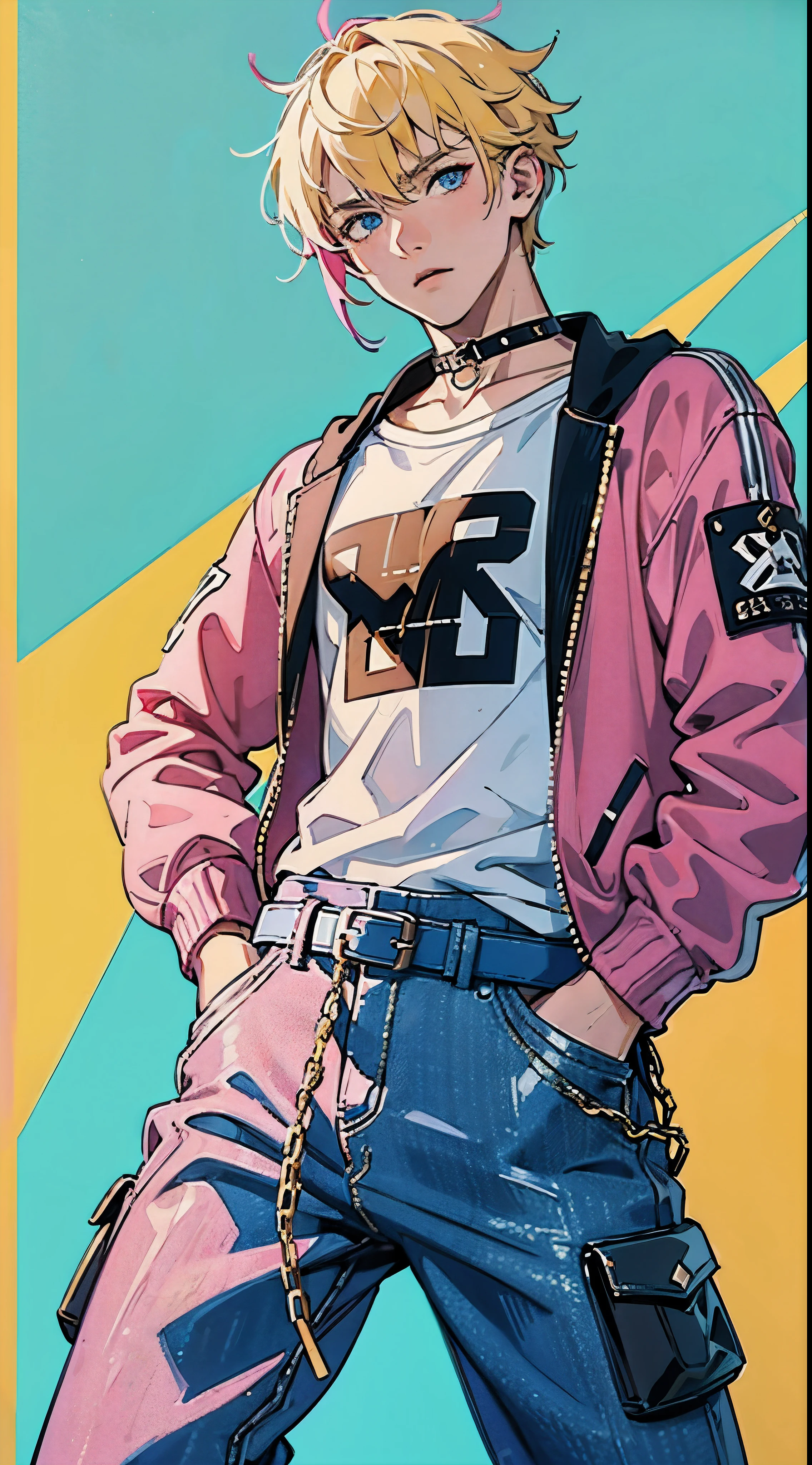 Boy-, punk, belts on clothes, chains, pastel yellow hair with pink highlights, prints on clothes, loose trousers, hooligan, Blue eyes, simple background, (Best quality,4k,8K,A high resolution,Masterpiece:1.2)