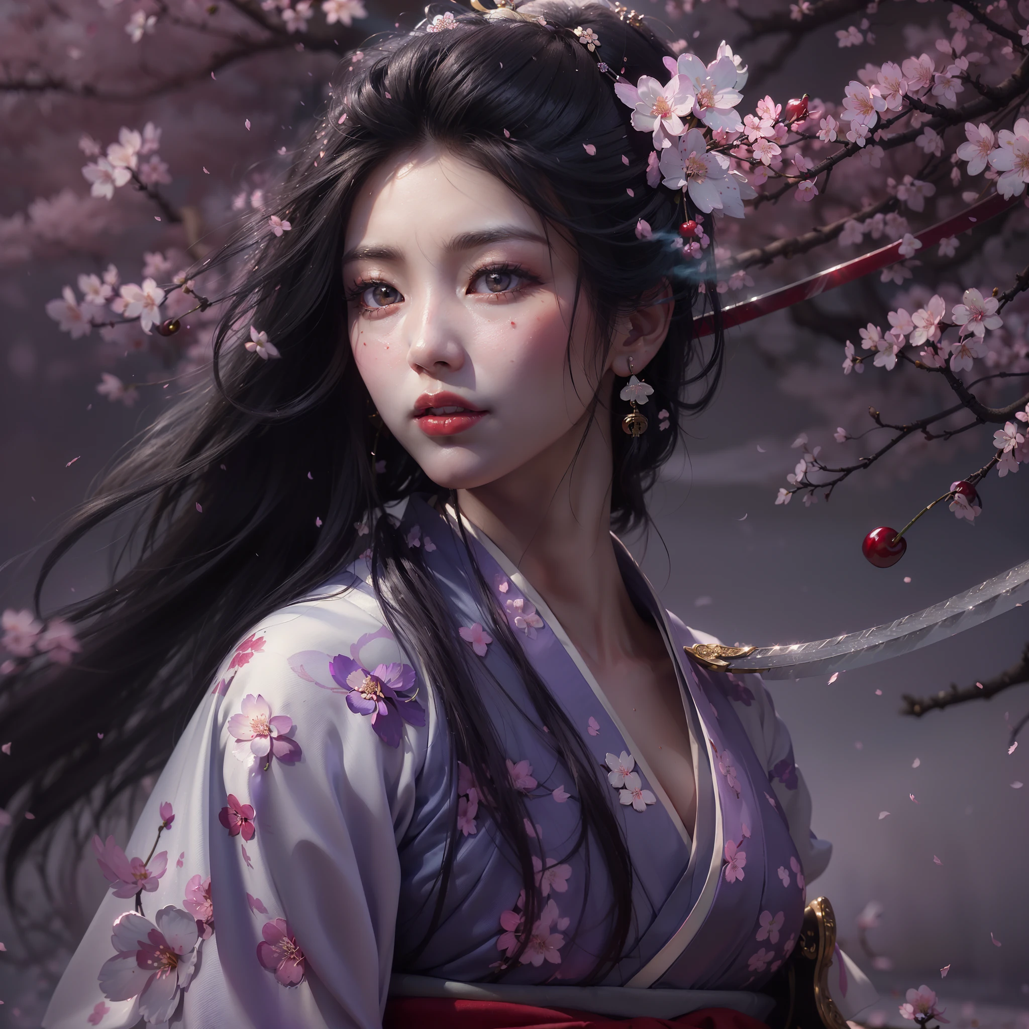 (award-winning masterpiece galore, incredibly detailed, textures and maximum detail), (hyper realistic:1.4), (realistic:1.3), (full body image:1.9), (upper body close-up:0.2), (transparent strangely white skin with the highest quality realistic texture), (she is holding a straight Japanese sword with a mysterious light and delicate decoration: 1.8), (geisha warrior wielding a sword: 1.8), (five perfect and beautiful fingers: 1.4), (Japanese folk tale geisha warrior: 1.8), (beautiful long black hair blowing in the wind (beautiful long black hair fluttering in the wind:1.8), (beautiful Japanese geisha hairstyle:1.8), (her hair is adorned with many hairpins, Japanese hair ornaments:1.4), (wearing a decadent and extravagant Japanese kimono:1.8), (she has a smile on her blood red lips:1.7), (precise circular symmetry of her Japanese dark eyes), (dense and breathtakingly beautiful face: 1.6), (image of aesthetic and decadent atmosphere: 1.8), (pale but fair skin and face: 1.6), (wearing many decadent and delicately made accessories: 1.8), (bioluminescent bright black eyes: 1.7), (corrupted beauty 1.8), (pair of black eyes emitting intense black light from within: 1.7), (skin less exposed: 1.5), (strong moonlight overhead: 1.7), ((dramatic photo)), ((cinematic light)), (full body image: 1.9), (looking up), (looking down), (dramatic pose ), (smoke effect and mesmerizing light:1.4), beautiful white hair, beautiful silver hair, (cherry blossom tree:1.8), wind effect, (cherry petals falling in the wind:0.8), (lightning bolt in the sky:0.8), wind and rain, (drifting purple smoke:1.3), (dark night, night with full moon, crescent moon), epic realistic, faded, ((neutral color )), art, (HDR:1.5), (subdued colors:1.2), highly detailed, (art station:1.5), cinematic, warm light, light effects, dramatic light, (complex details:1.1), complex background, (greg latkowski:0.8), (teal and orange:0.4)