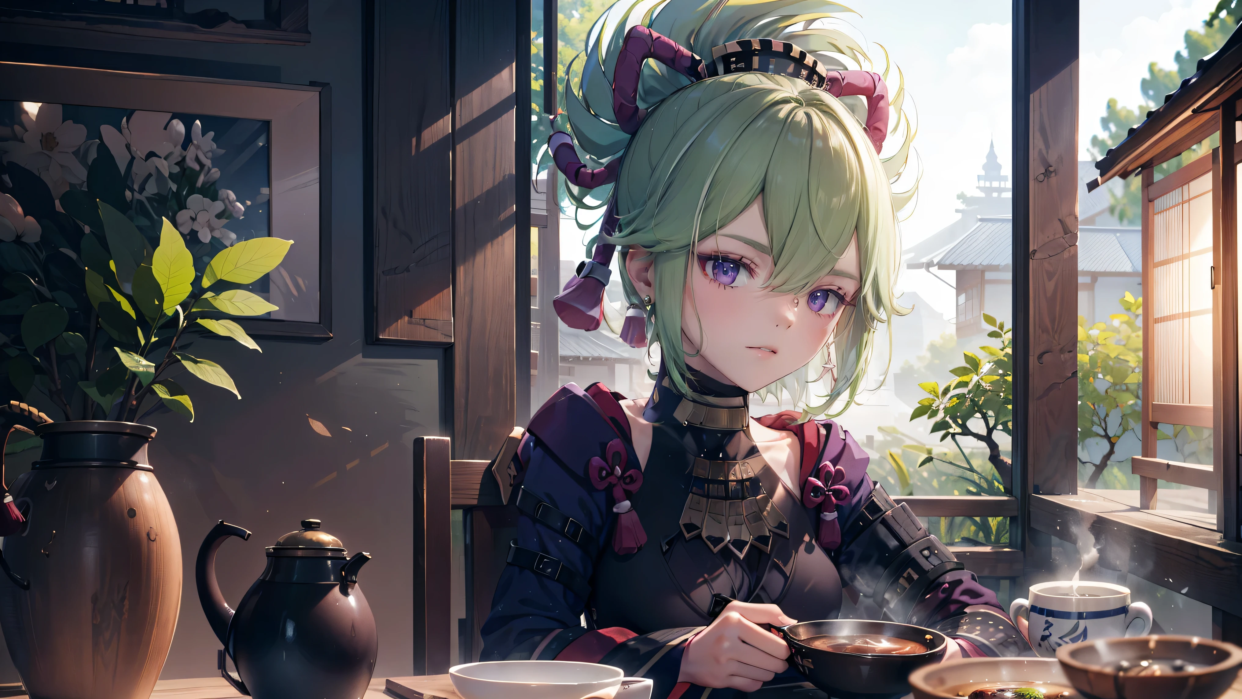 (best quality,8k,height,Masterpiece:1.2),(realistic,photorealistic,photo-realistic:1.37), Mr. Ta Si, a purple traditional Japanese bakery,Beautifully detailed eyes,happiness,glowing eyes,smile,บรรยากาศquiet,Traditional Japanese clothing,work(best quality,Comprehensive,advertisement:1.2),bright and warm,sweet and sleepy,complete happiness,smileสดใส,cherry tree,quiet,aroma,dreamlike,bright colors,delicate light,Traditional Japanese tea set,Lively atmosphere, Looking at the audience from the front, พื้นหลังเป็นเมืองญี่ปุ่นเก่าแก่ที่มีcherry tree.,