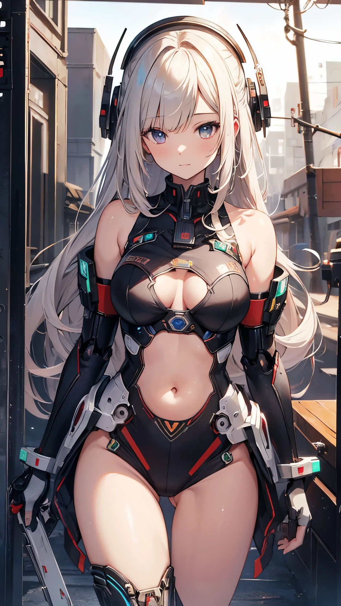 ((masterpiece, highest quality)), figure, Ultra-detailed 8K, realistic, clear focus, very detailed, professional lighting, colorful details, Rainbow colored BREAK factory super long shot, (1 large mechanical robot), microchip, computer, luminescence, intricate details, Shitsumeka, Downscale of one girl standing in front of the viewer, belly button