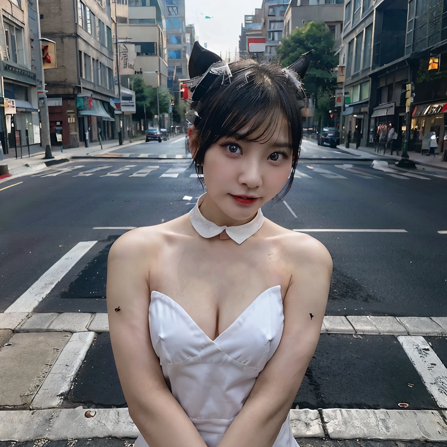 masterpiece, best quality, A naked Chinese girl,small,small breasts,short hair,white hair,sharp teeth,fangs,collar,blue eyes,heart shaped pupils,devil horns,blush,(outdoor,pavement,traffic light,road sign),looking at the audience
